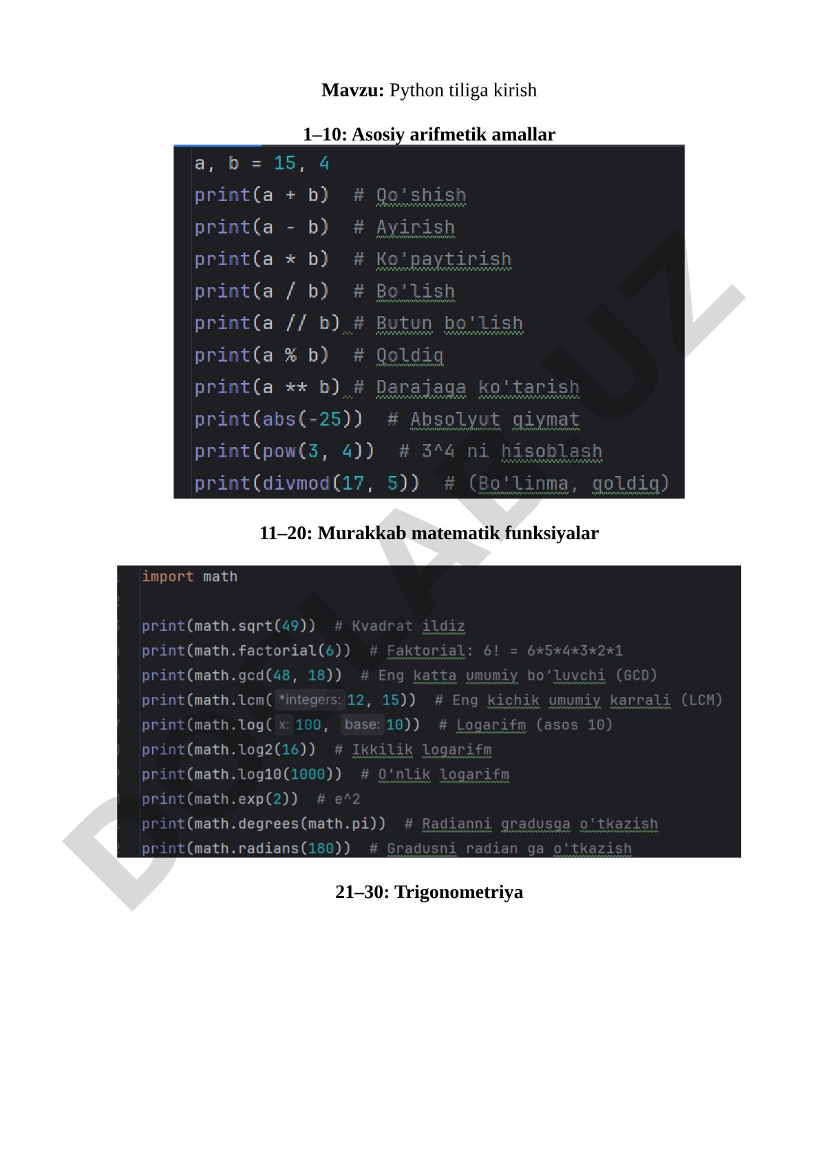 Python dasturlash tiliga oid masalalar to'plami: arifmetik amallar, matematik