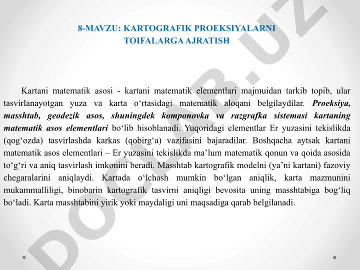 Kartografik proeksiyalarni toifalarga ajratish