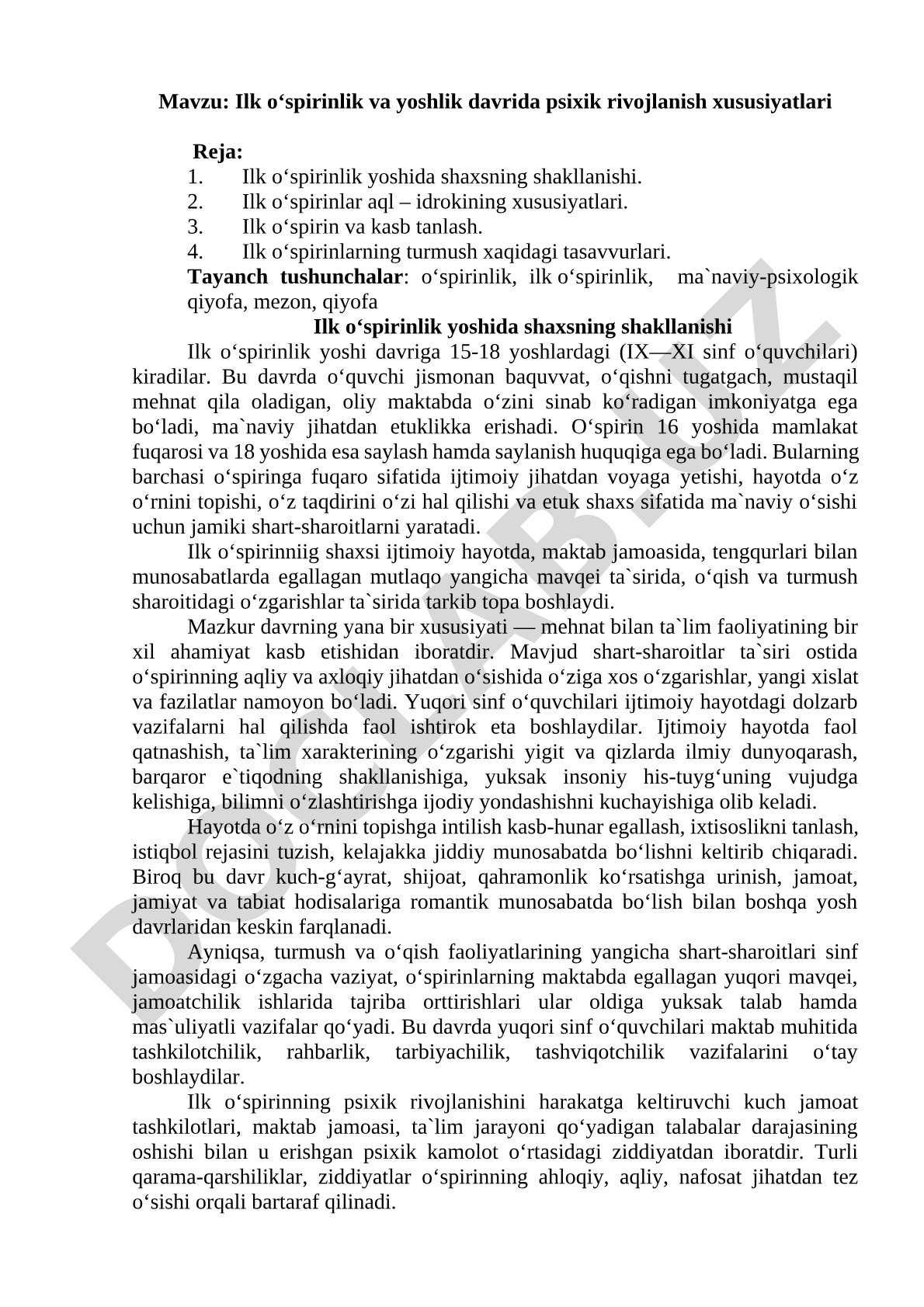 Ilk o‘spirinlik va yoshlik davrida psixik rivojlanish xususiyatlari