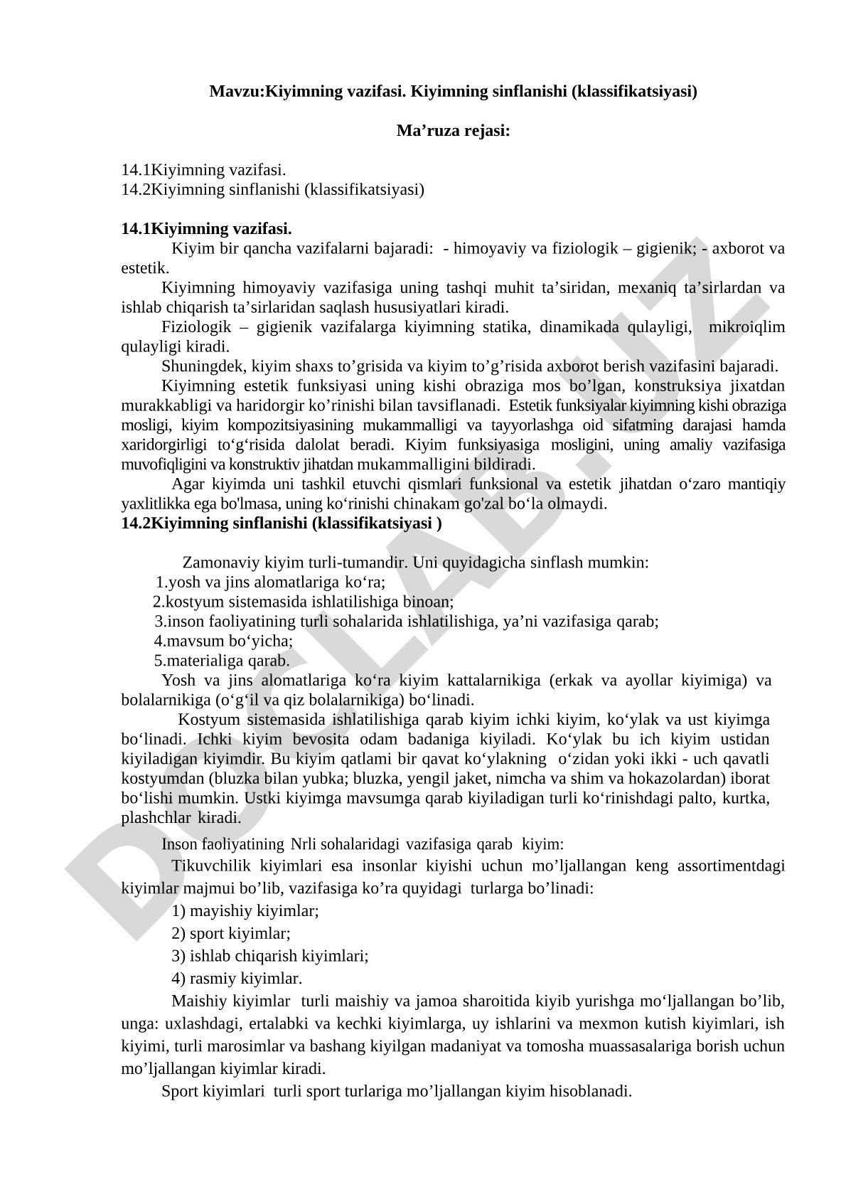Kiyimning vazifasi. Kiyimning sinflanishi (klassifikatsiyasi)