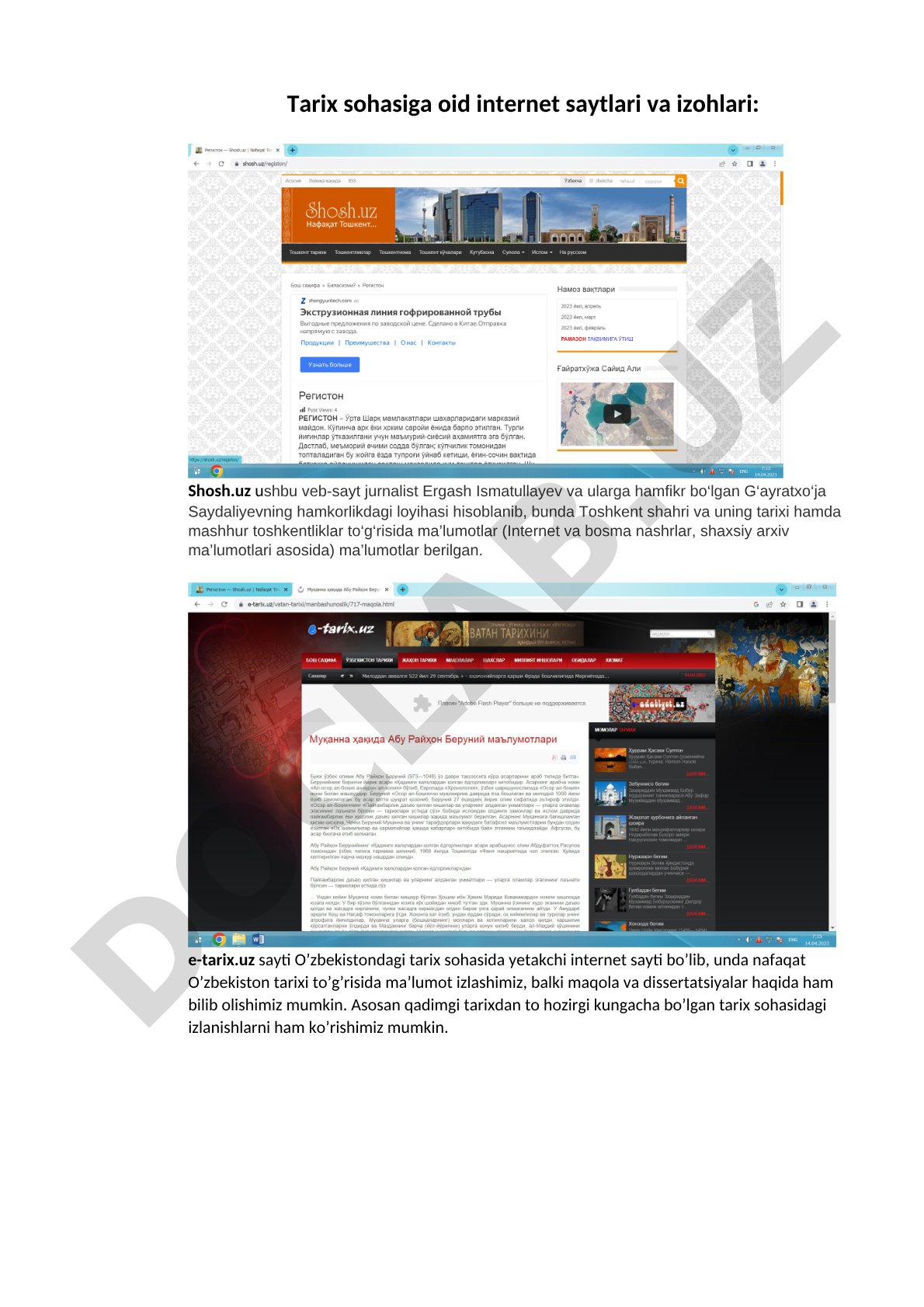 Tarix sohasiga oid internet saytlari va izohlari