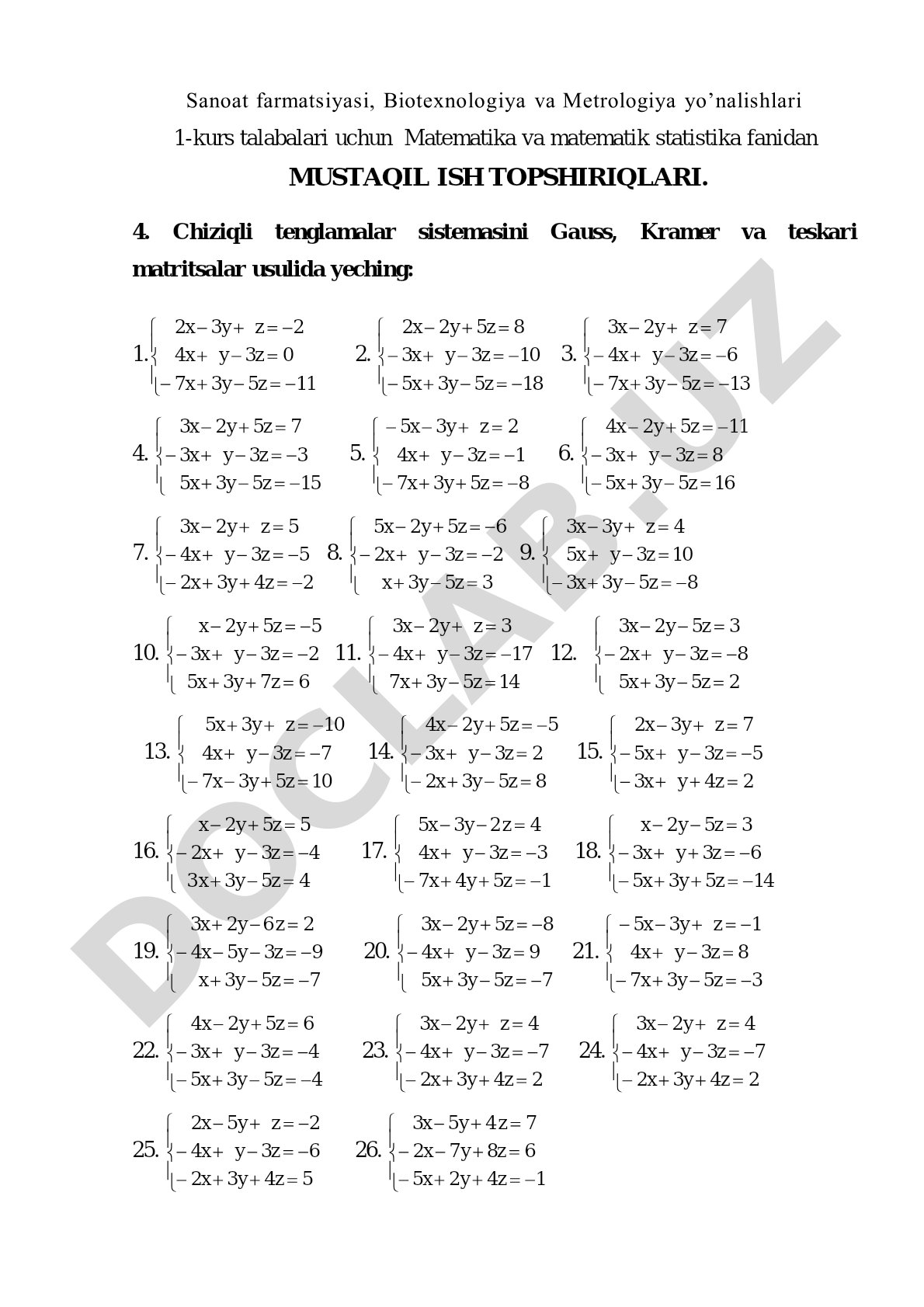 Matematika va matematik statistika fanidan mustaqil ish topshiriqlari