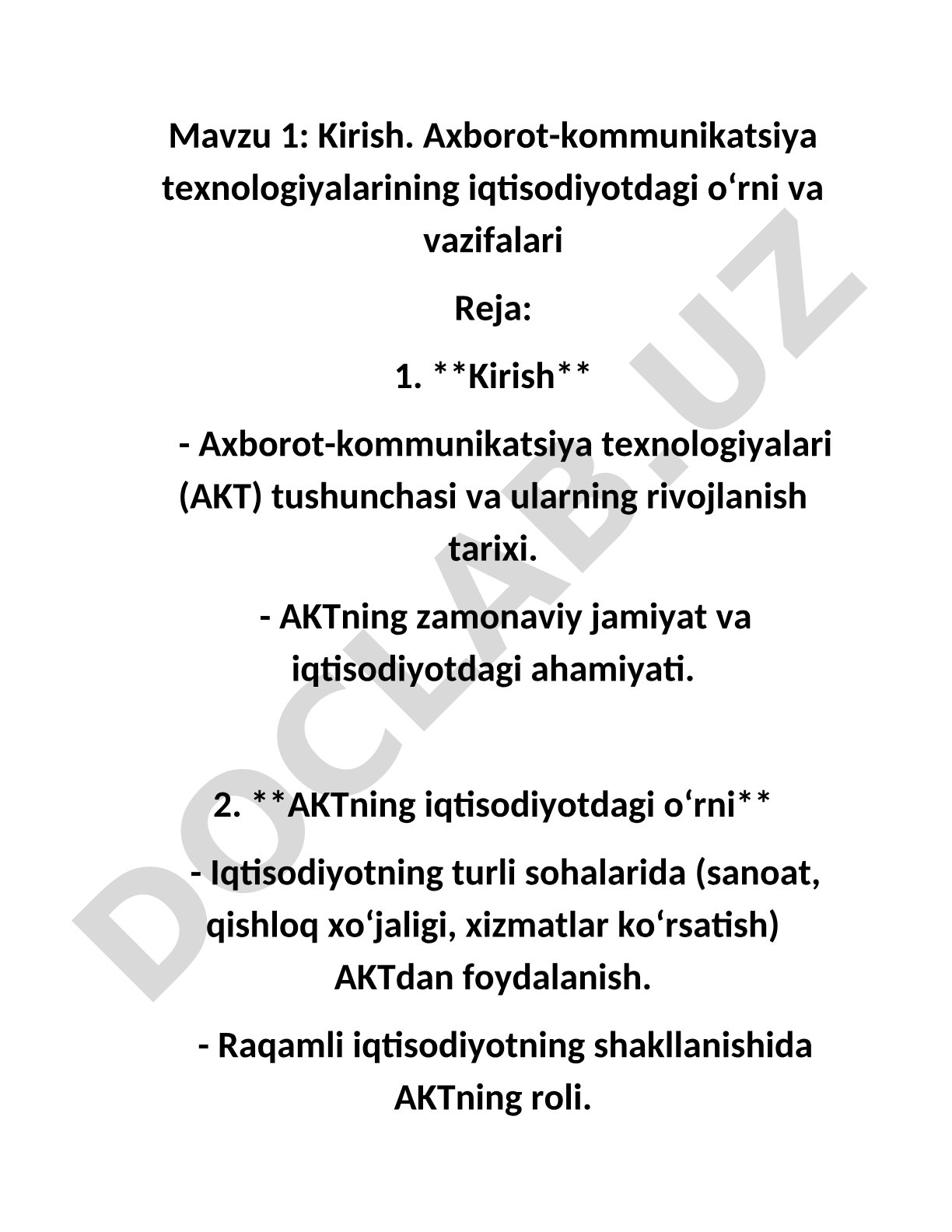 Kirish. Axborot-kommunikatsiya texnologiyalarining iqtisodiyotdagi oʻrni va vazifalari
