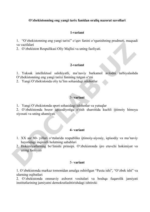 Oʻzbekistonning eng yangi tarixi fanidan oraliq nazorat savollari