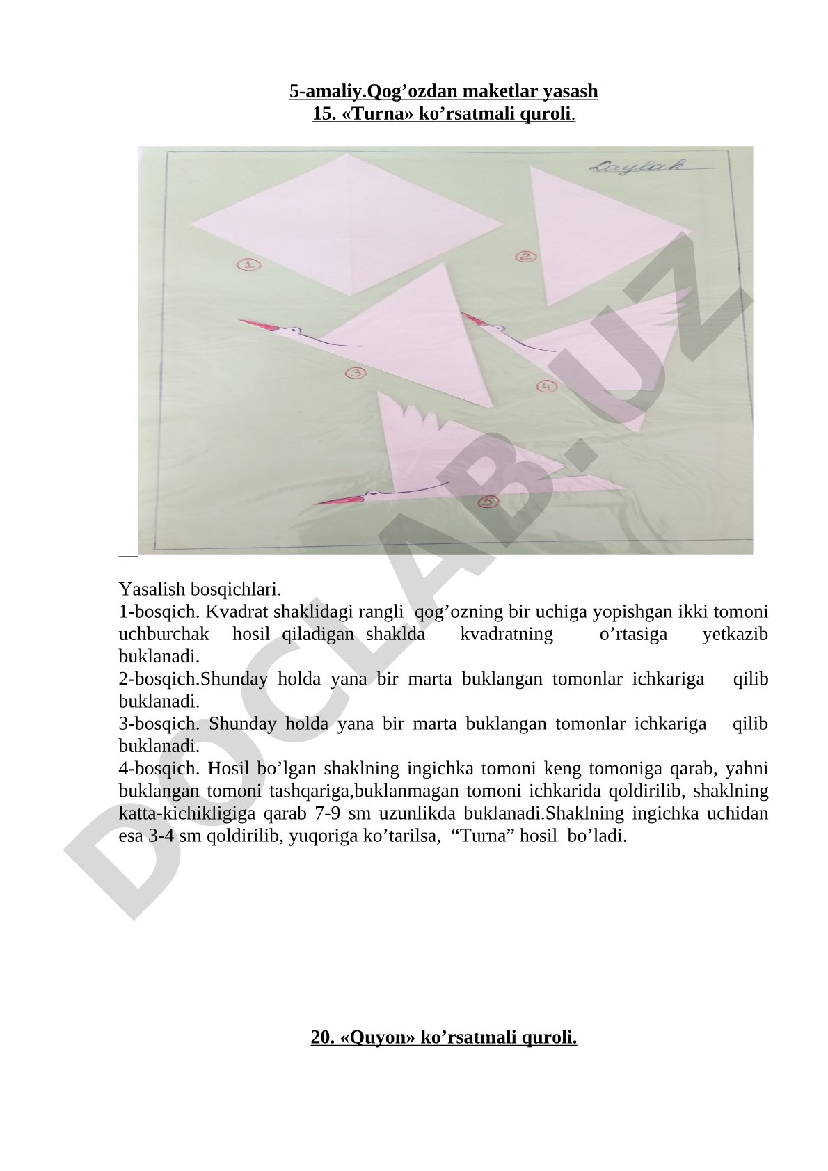 Qog'ozdan turna va quyon maketlarini yasash