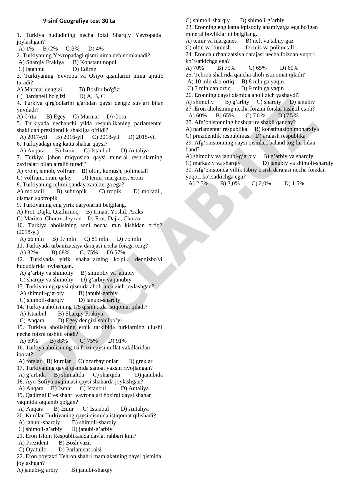 Turkiya geografiyasi bo'yicha 9-sinf test savollari