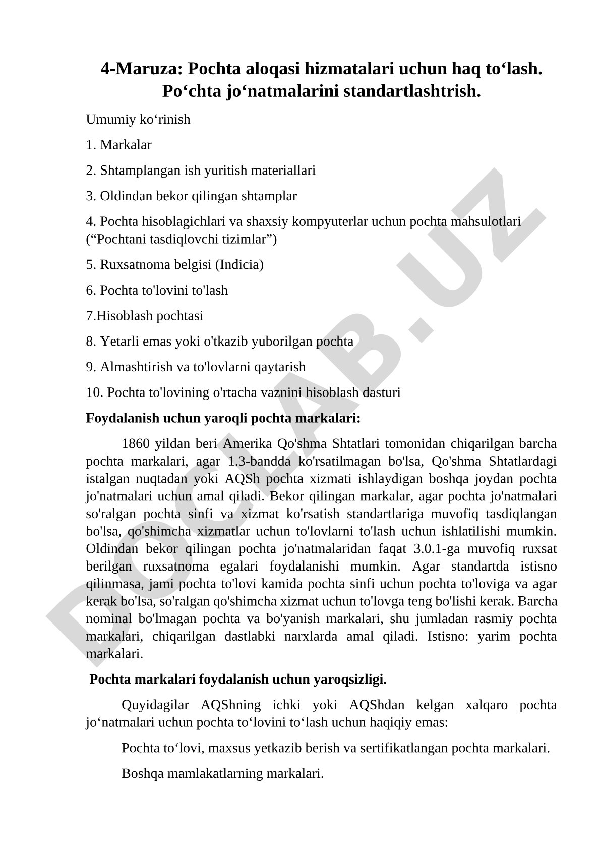 Pochta aloqasi hizmatalari uchun haq to‘lash. Po‘chta jo‘natmalarini standartlashtrish.