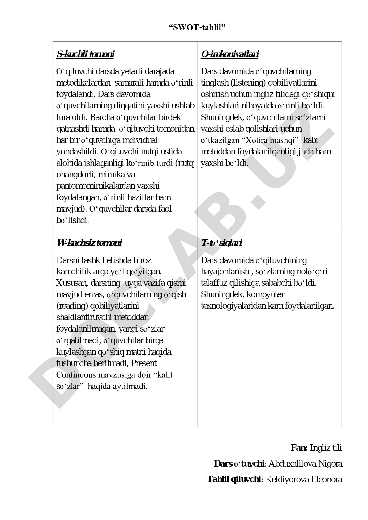 SWOT-tahlil: Ingliz tili darsining kuchli va kuchsiz tomonlari