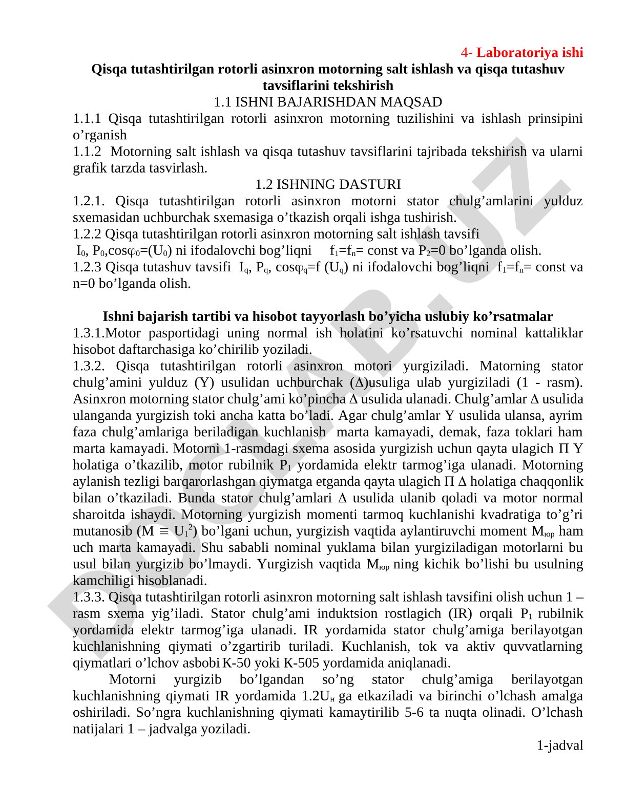 Qisqa tutashtirilgan rotorli asinxron motorning salt ishlash va qisqa tutashuv tavsiflarini tekshirish