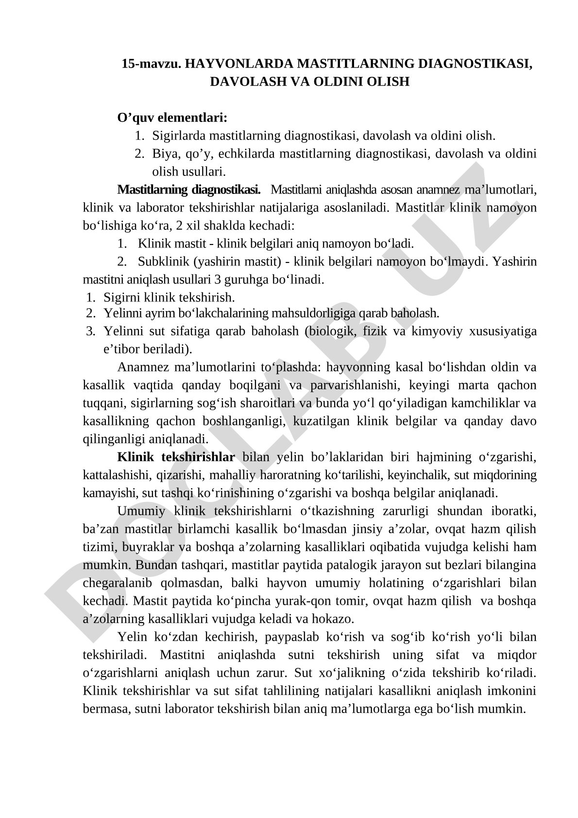 Hayvonlarda mastitlarning diagnostikasi, davolash va oldini olish
