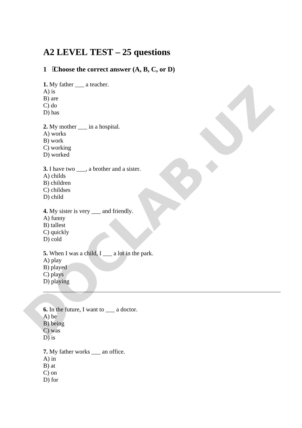 A2 Level English Test 25 Questions