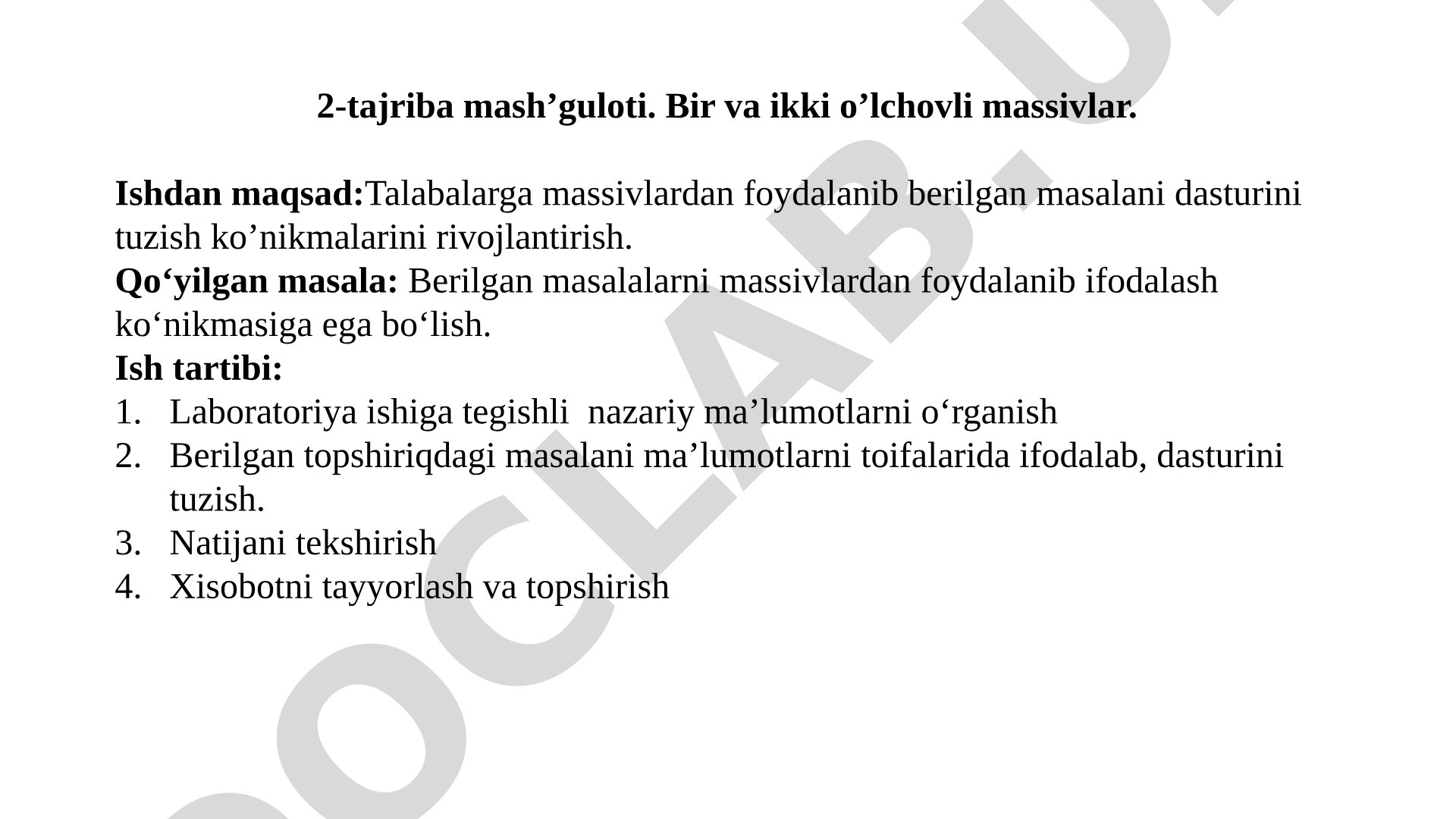 2-tajriba mash’guloti. Bir va ikki o’lchovli massivlar