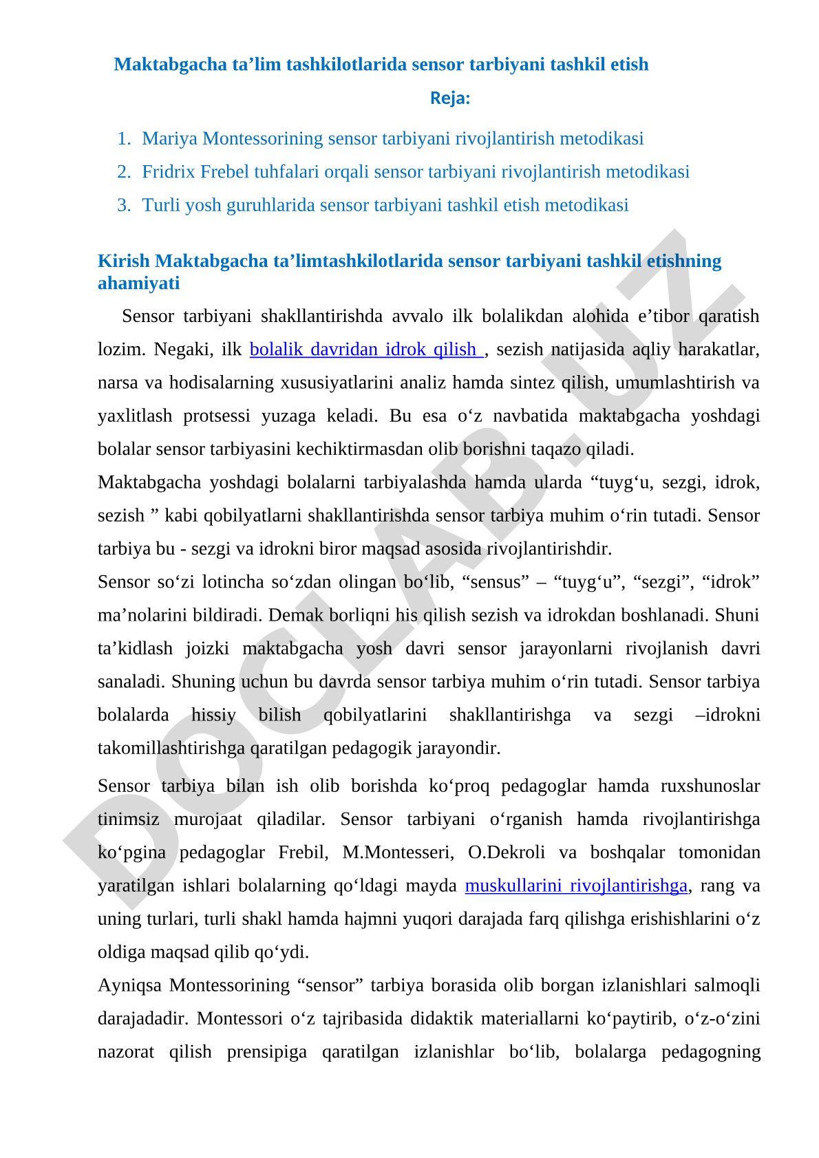 Maktabgacha ta’lim tashkilotlarida sensor tarbiyani tashkil etish