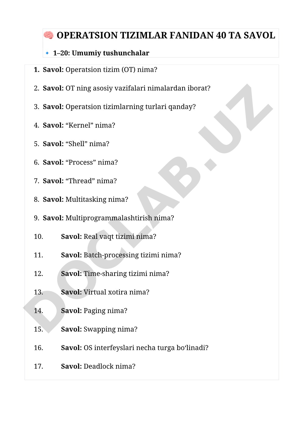 Operatsion tizimlar fanidan 40 ta savol