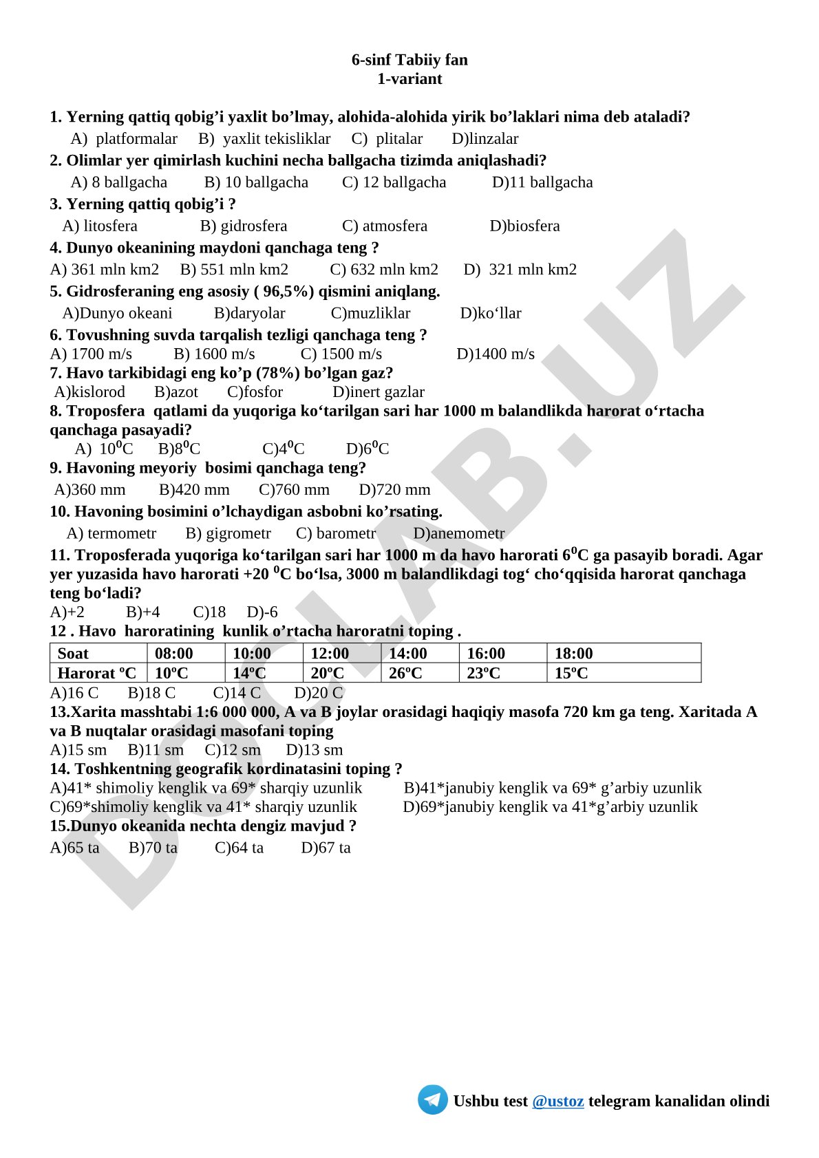 6-sinf Tabiiy fan 1-variant test savollari