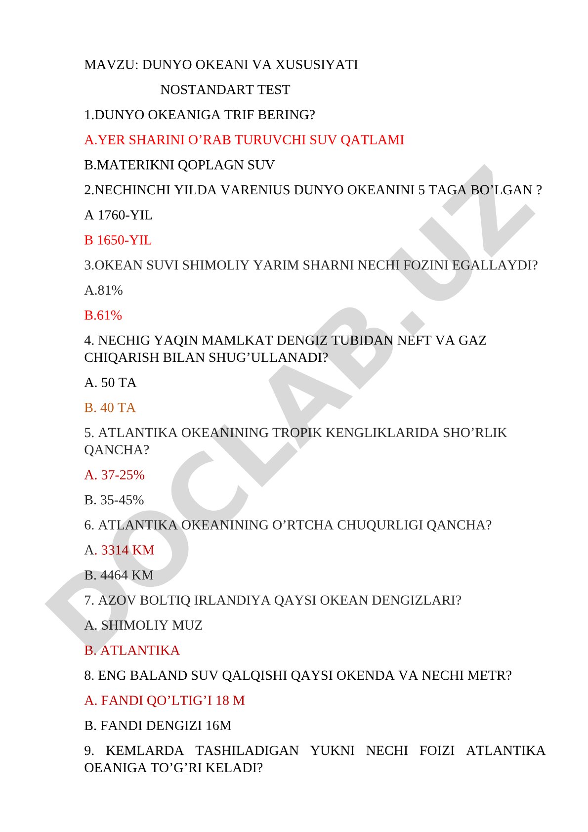 DUNYO OKEANI VA XUSUSIYATI NOSTANDART TEST