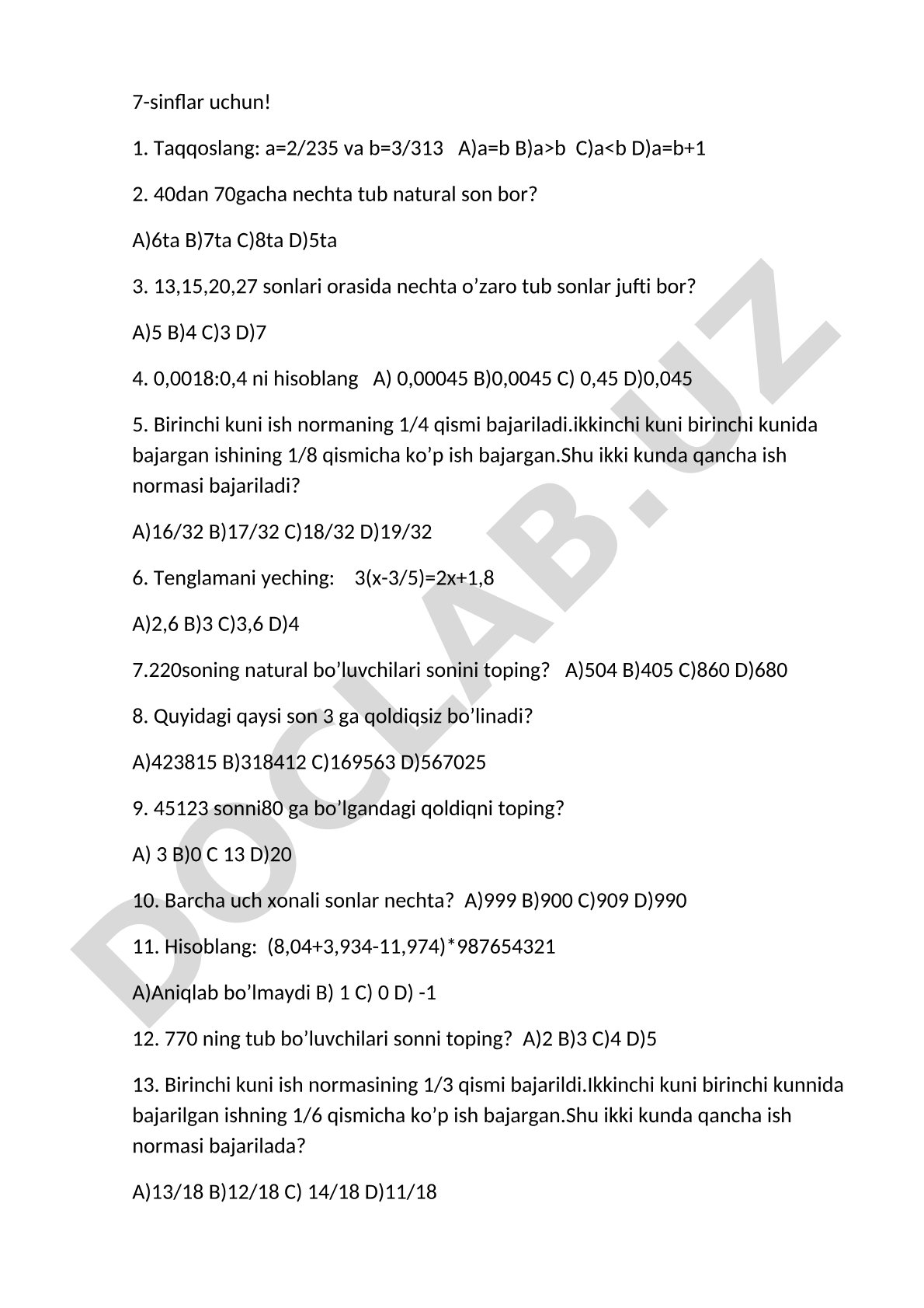 7-sinf matematik test savollari