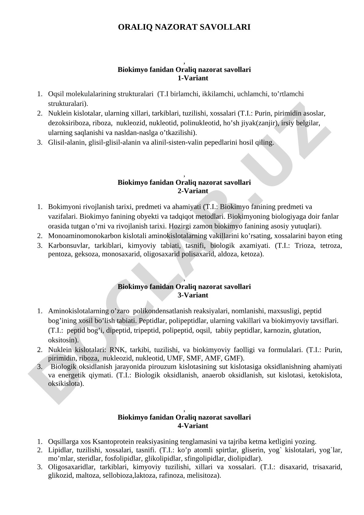 Biokimyo fanidan oraliq nazorat savollari