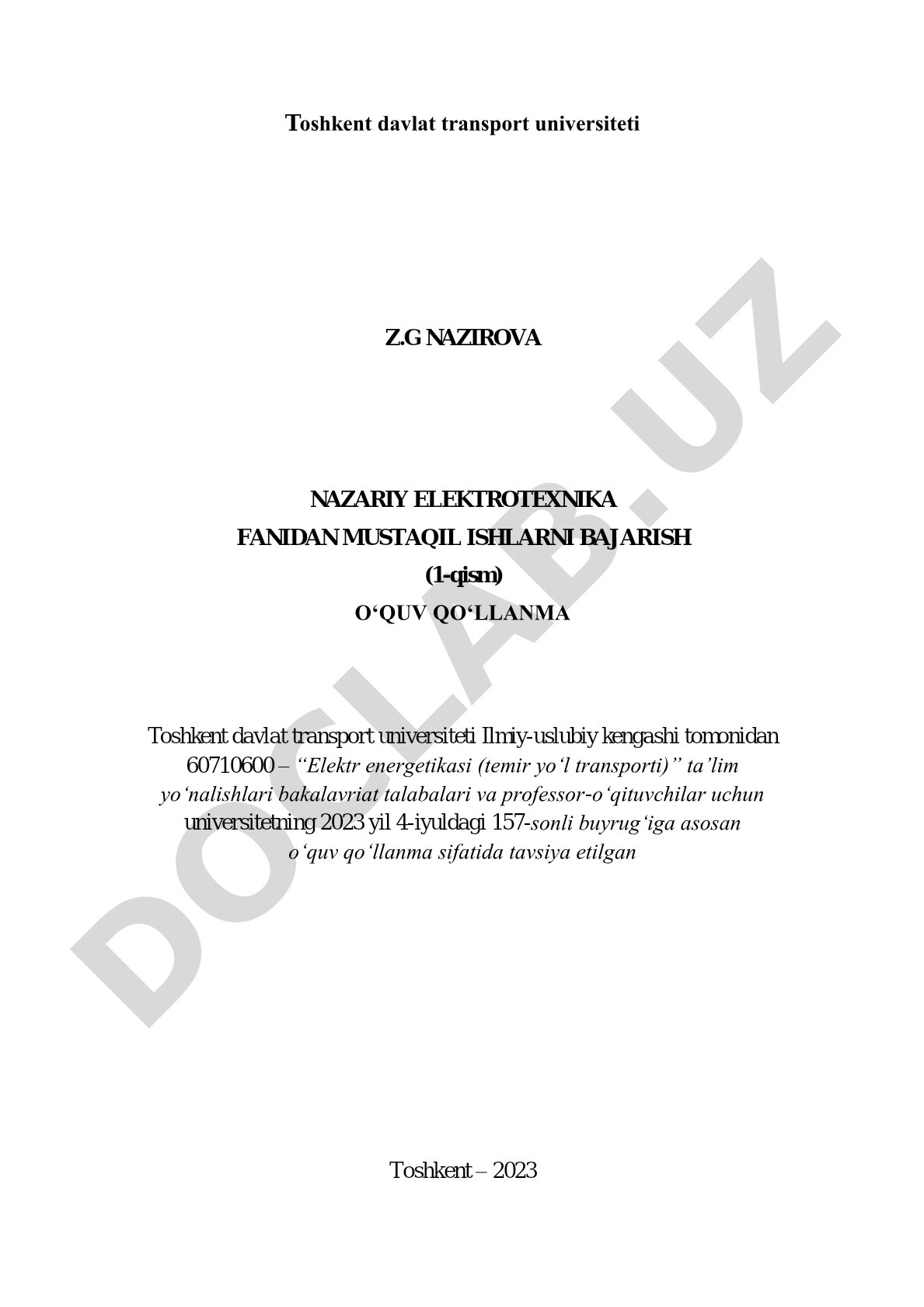 Nazariy elektrotexnika fanidan mustaqil ishlarni bajarish (1-qism)
