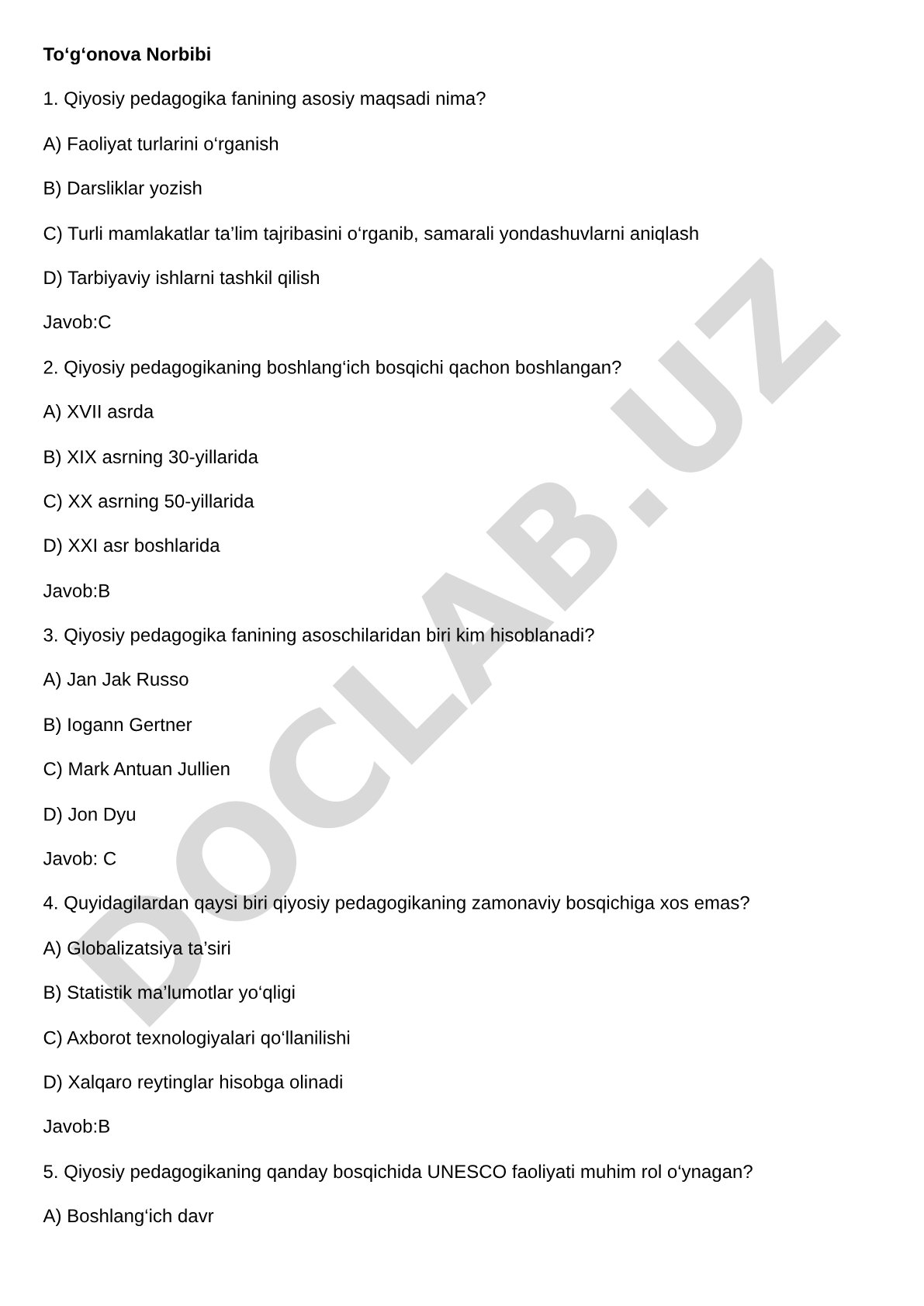 Qiyosiy pedagogika fanidan test savollari