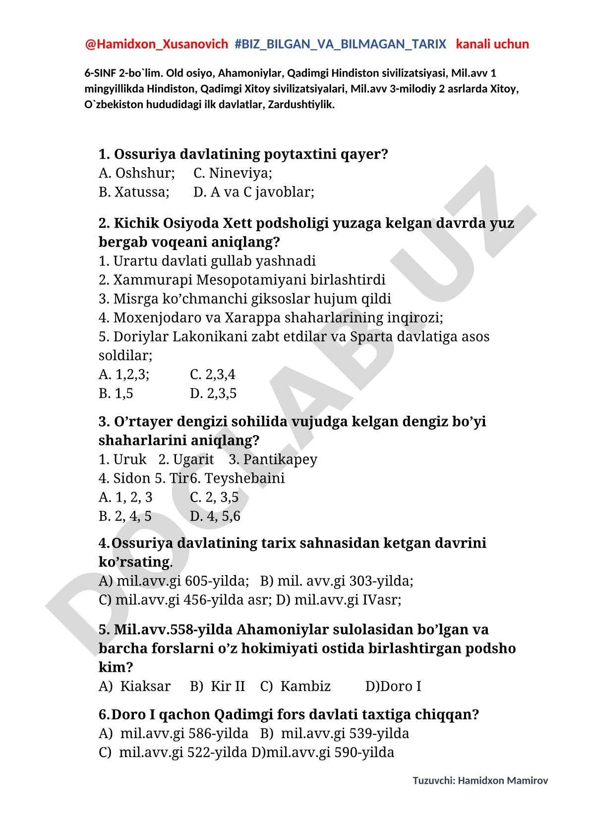 Qadimgi Sharq, Hindiston, Xitoy va Oʻzbekiston ilk davlatlari tarixi