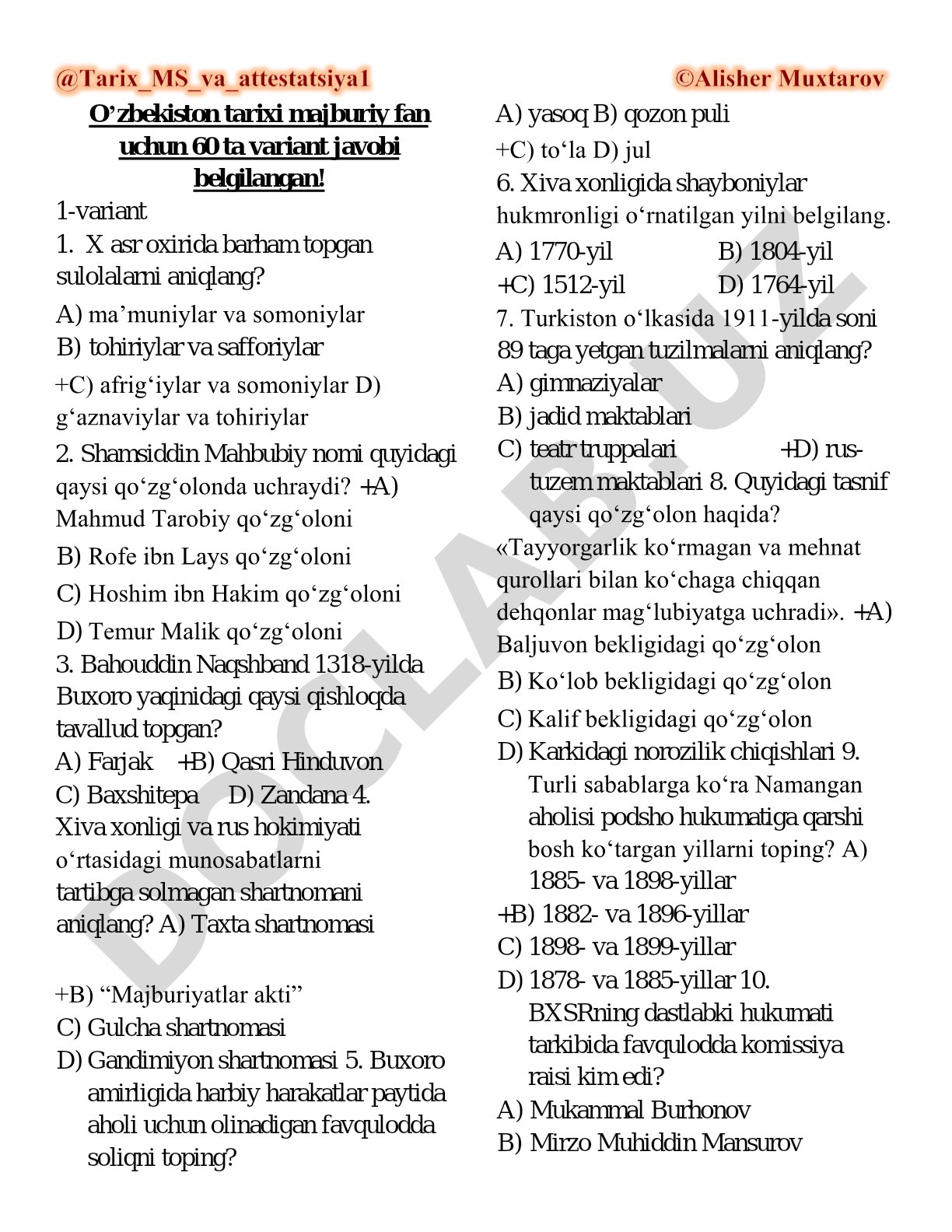 O'zbekiston tarixi fanidan 60 ta test variant javoblari