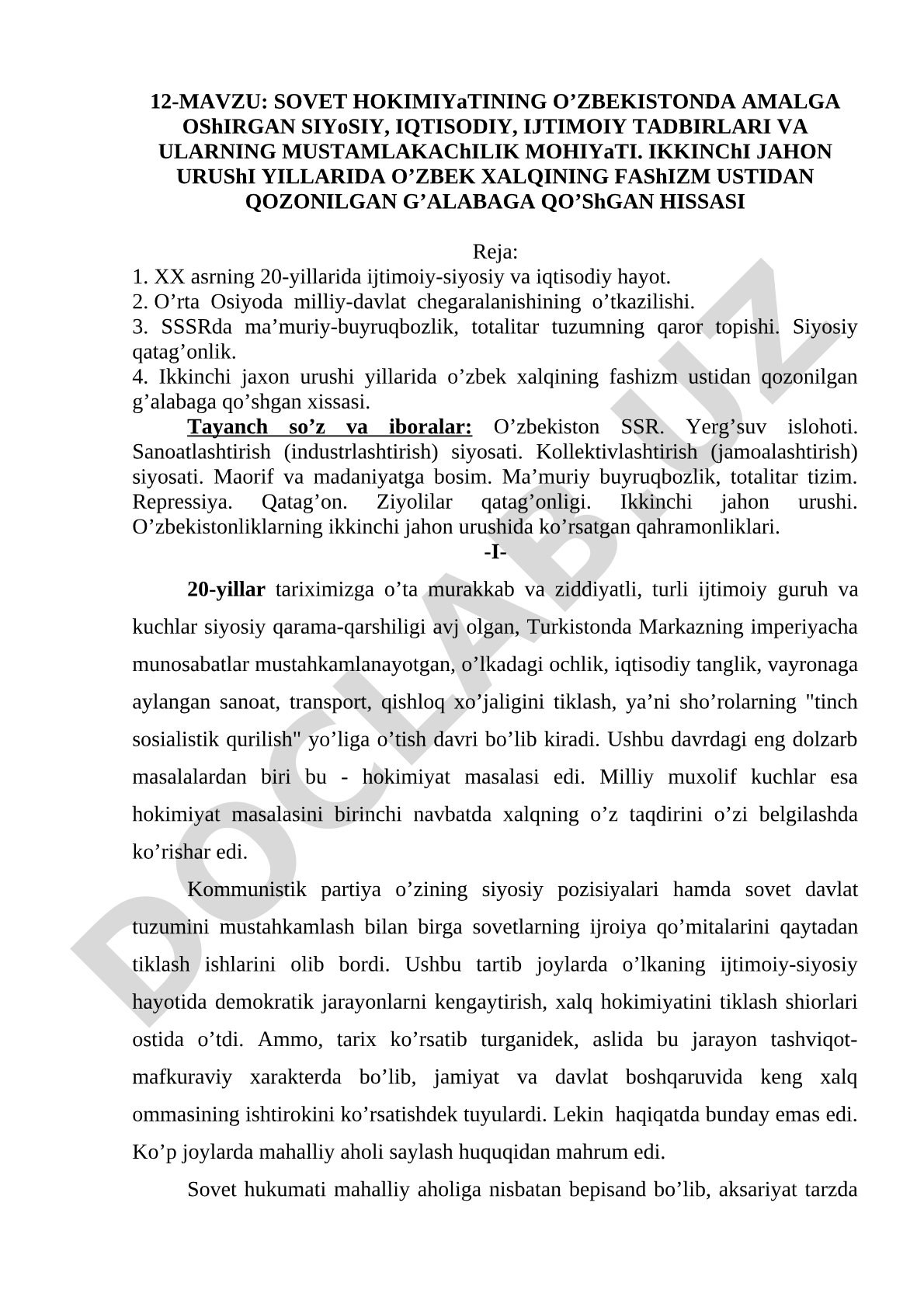 Sovet hokimiyatining O'zbekistonda amalga oshirgan siyosiy, iqtisodiy, ijtimoiy tadbirlari va ularning mustamlakachilik mohiyati. Ikkinchi jahon urushi yillarida o'zbek xalqining fashizm ustidan qozonilgan g'alabaga qo'shgan hissasi