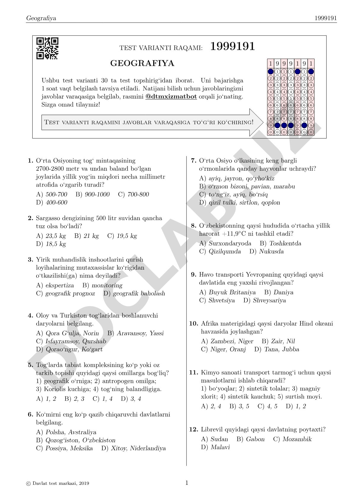 Geografiya test varianti