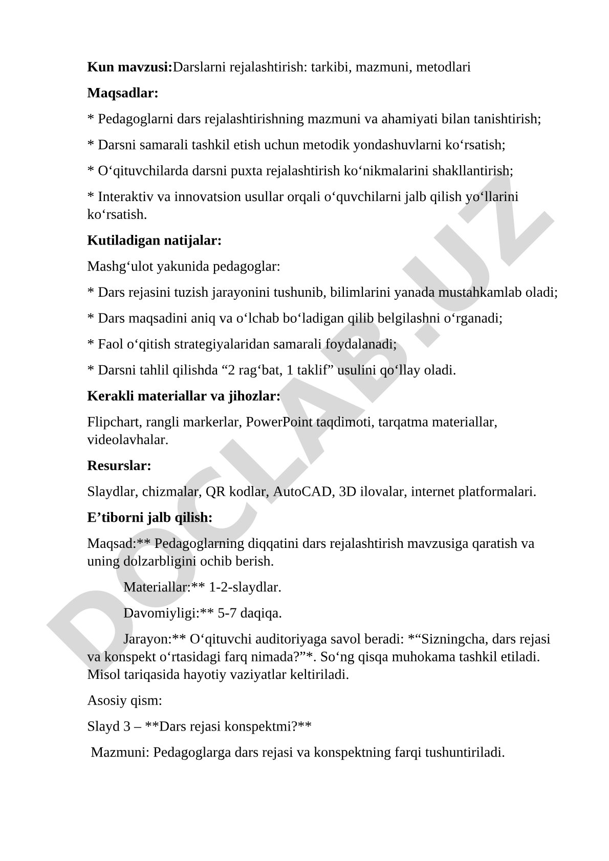 Darslarni rejalashtirish: tarkibi, mazmuni, metodlari