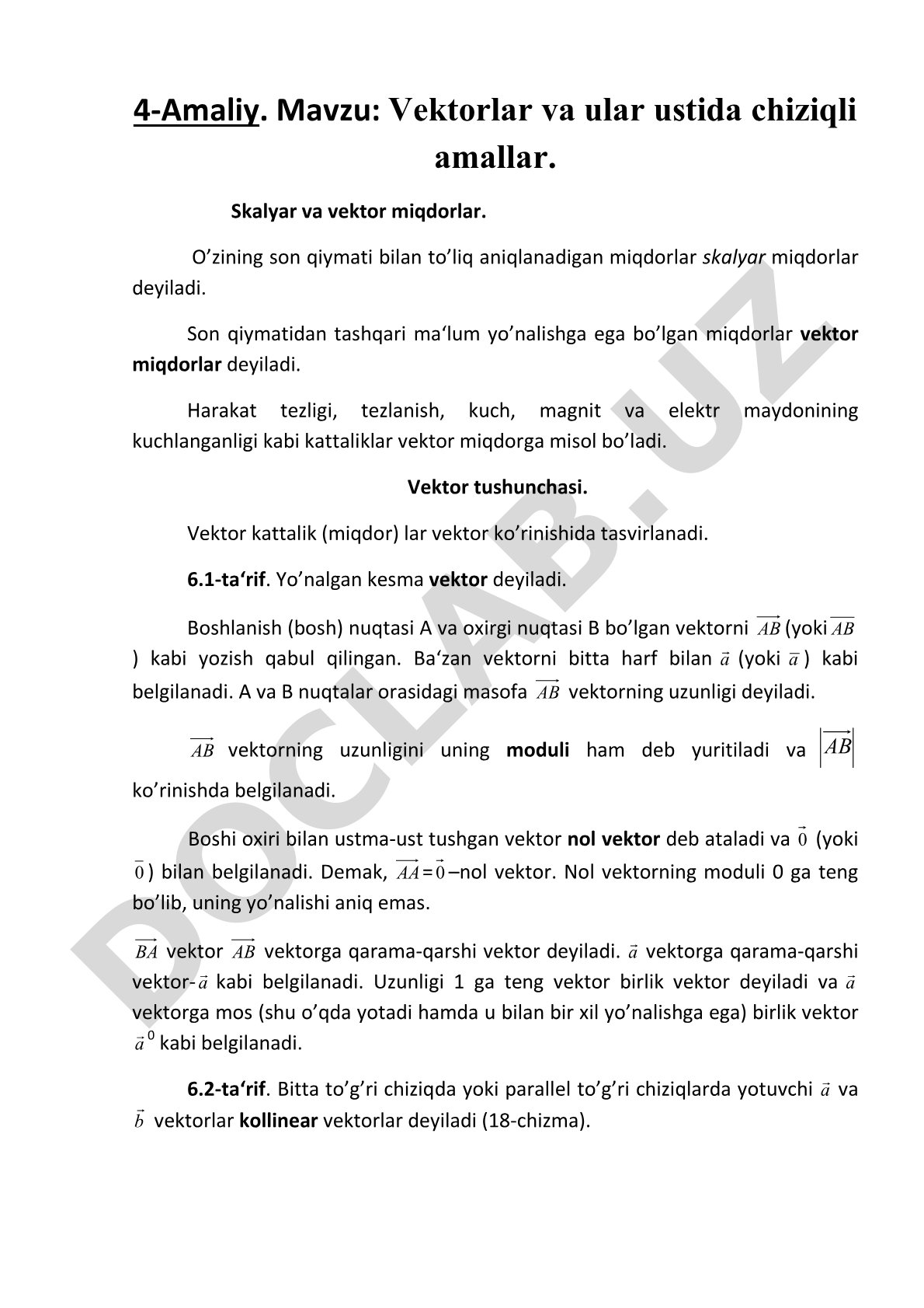 Vektorlar va ular ustida chiziqli amallar