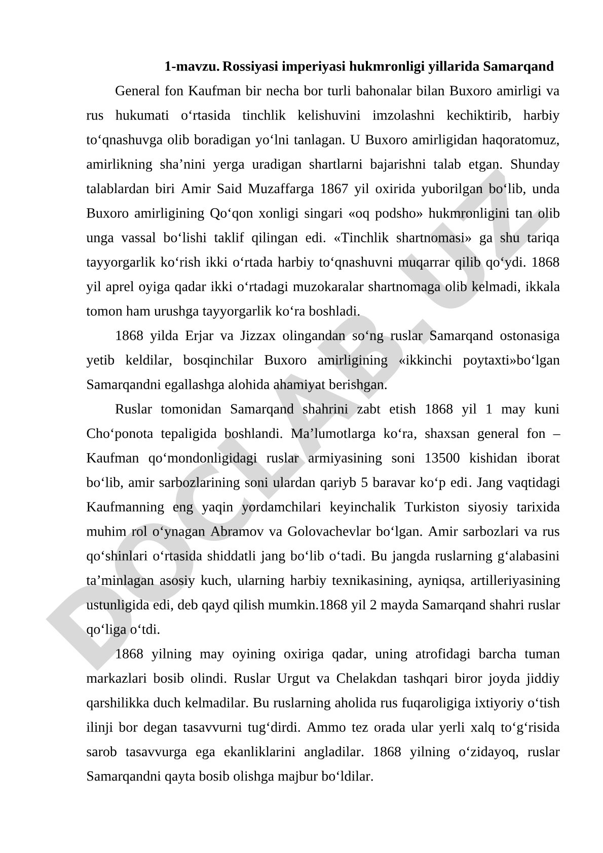 Rossiya imperiyasi hukmronligi yillarida Samarqand general fon Kaufman