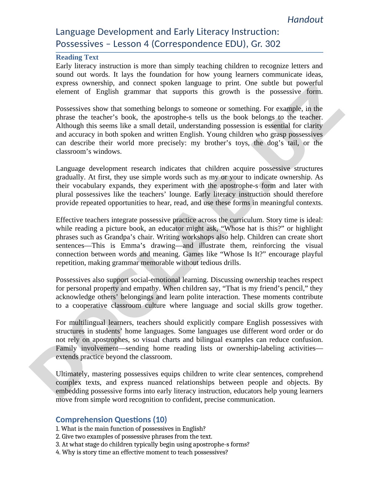 Language Development and Early Literacy Instruction: Possessives