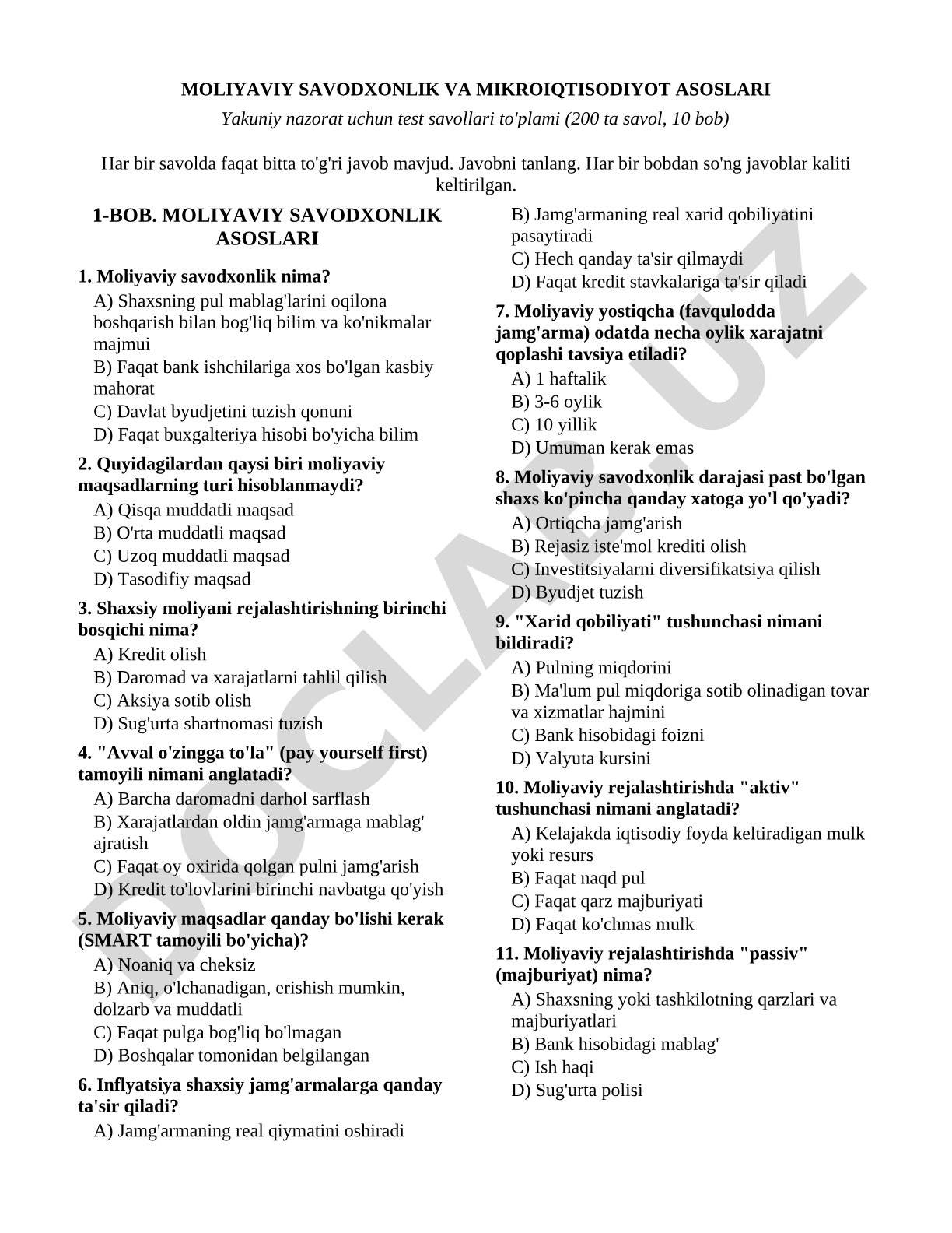 Moliyaviy savodxonlik va mikroiqtisodiyot asoslari yakuniy nazorat uchun test savollari to'plami