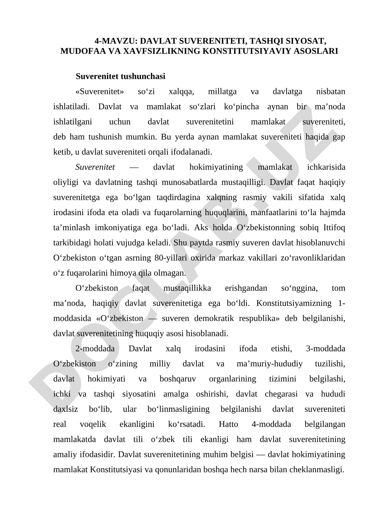 Davlat suvereniteti, tashqi siyosat, mudofaa va xavfsizlikning konstitutsiyaviy asoslari