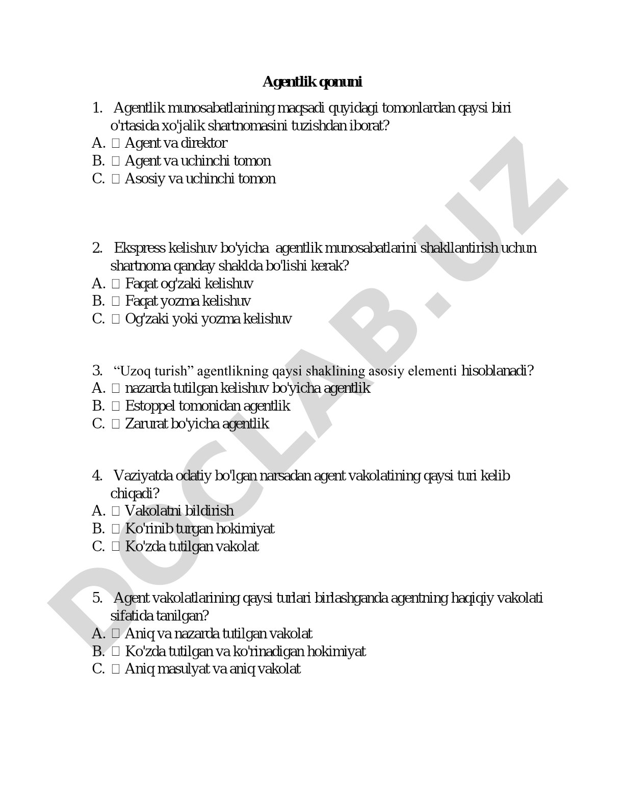 Agentlik qonuni bo'yicha test savollari