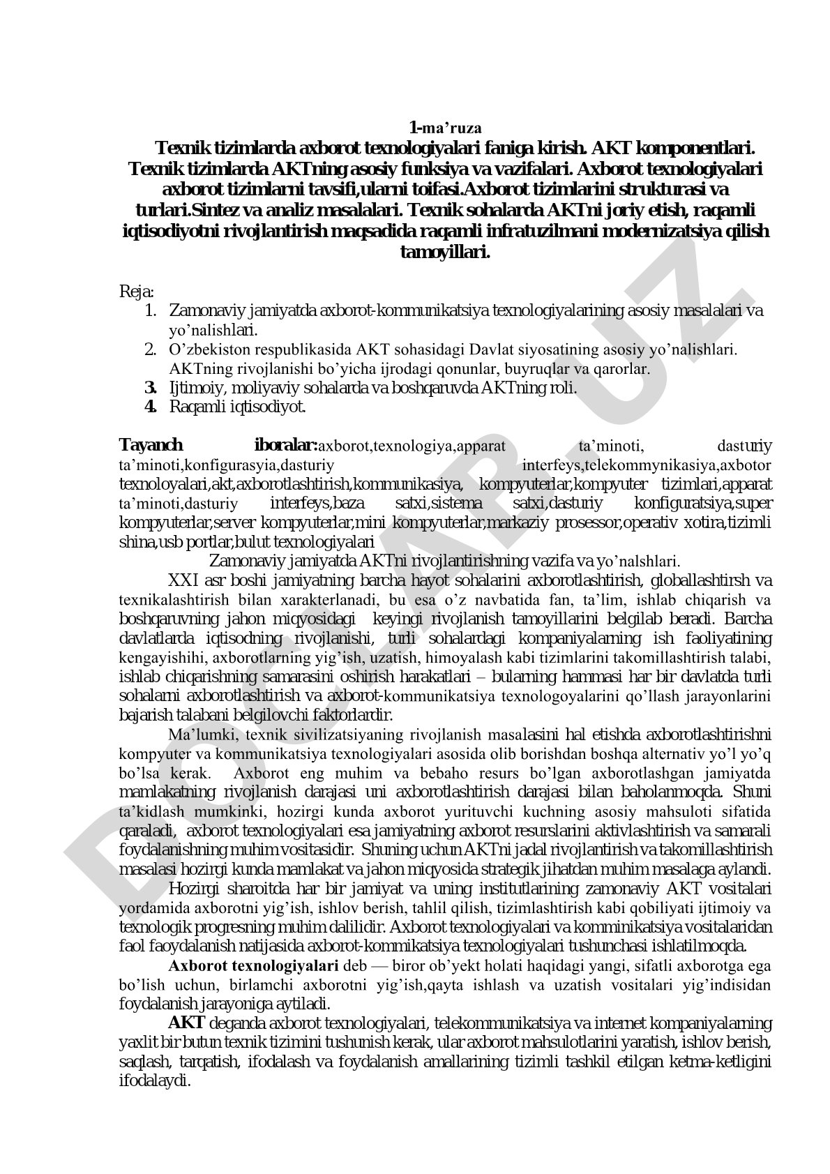 Texnik tizimlarda axborot texnologiyalari faniga kirish. AKT komponentlari