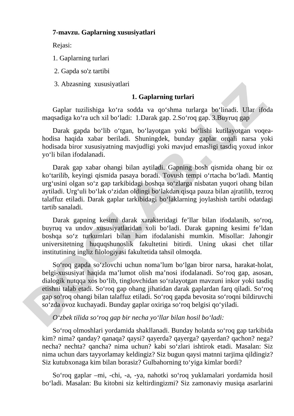 Gaplarning turlari, so'z tartibi va abzas xususiyatlari haqida ma'lumot