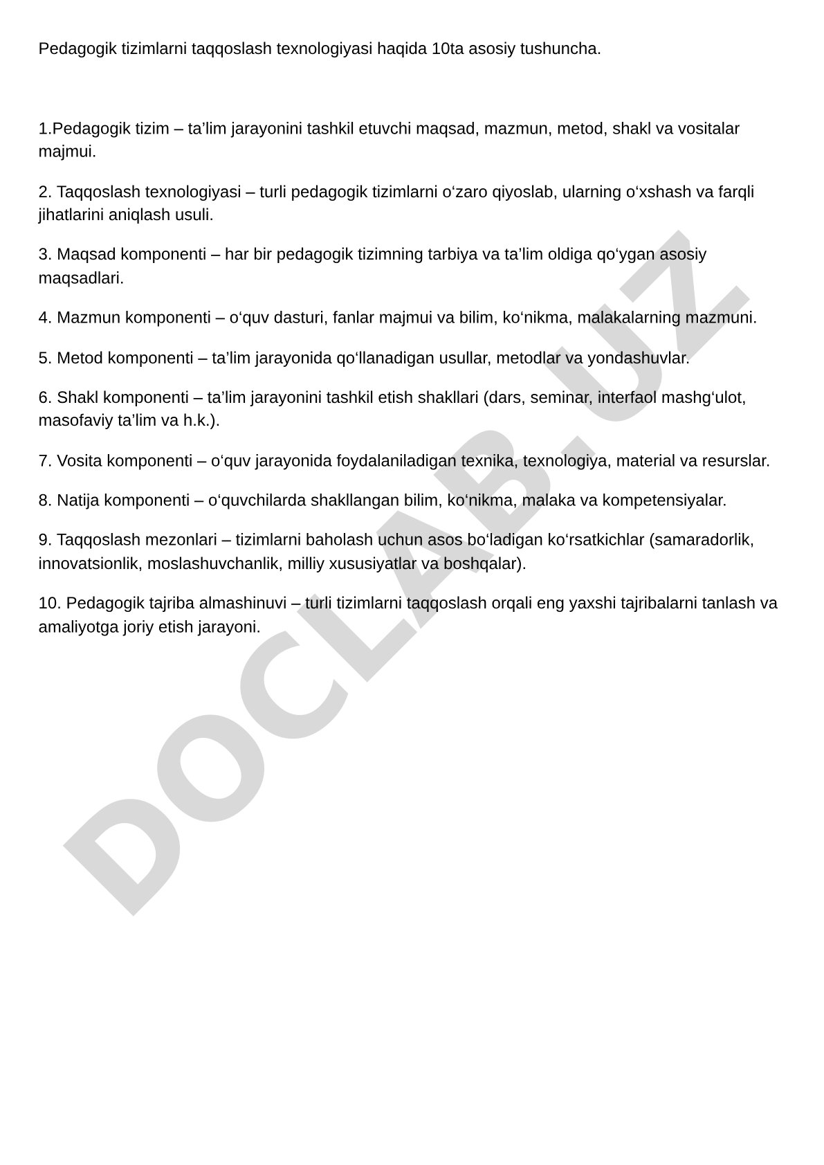 Pedagogik tizimlarni taqqoslash texnologiyasi asosiy tushunchalari