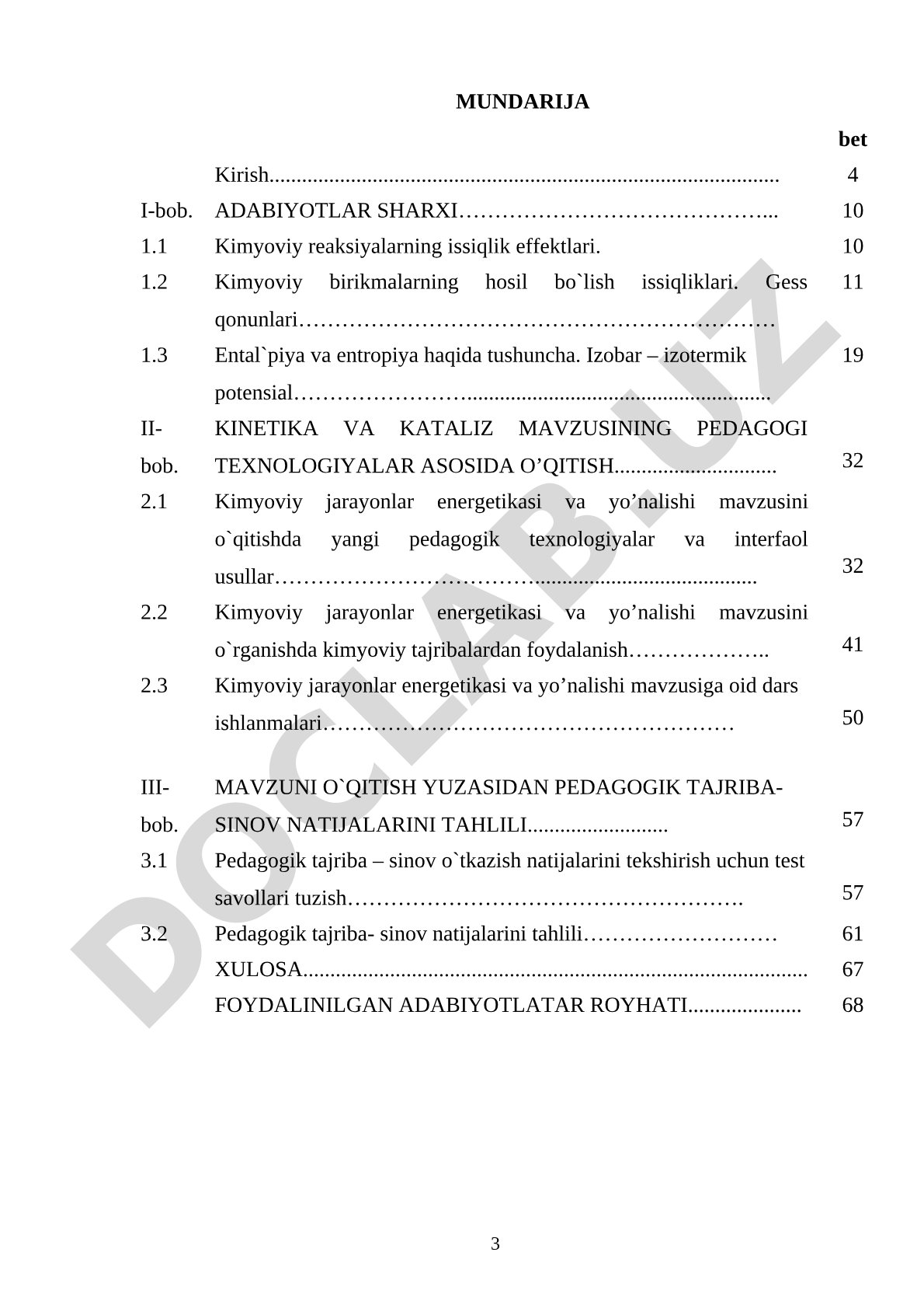 Kimyoviy jarayonlar energetikasi va yo'nalishi modulini yangi pedagogic texnologiyalar asosida o'qitish