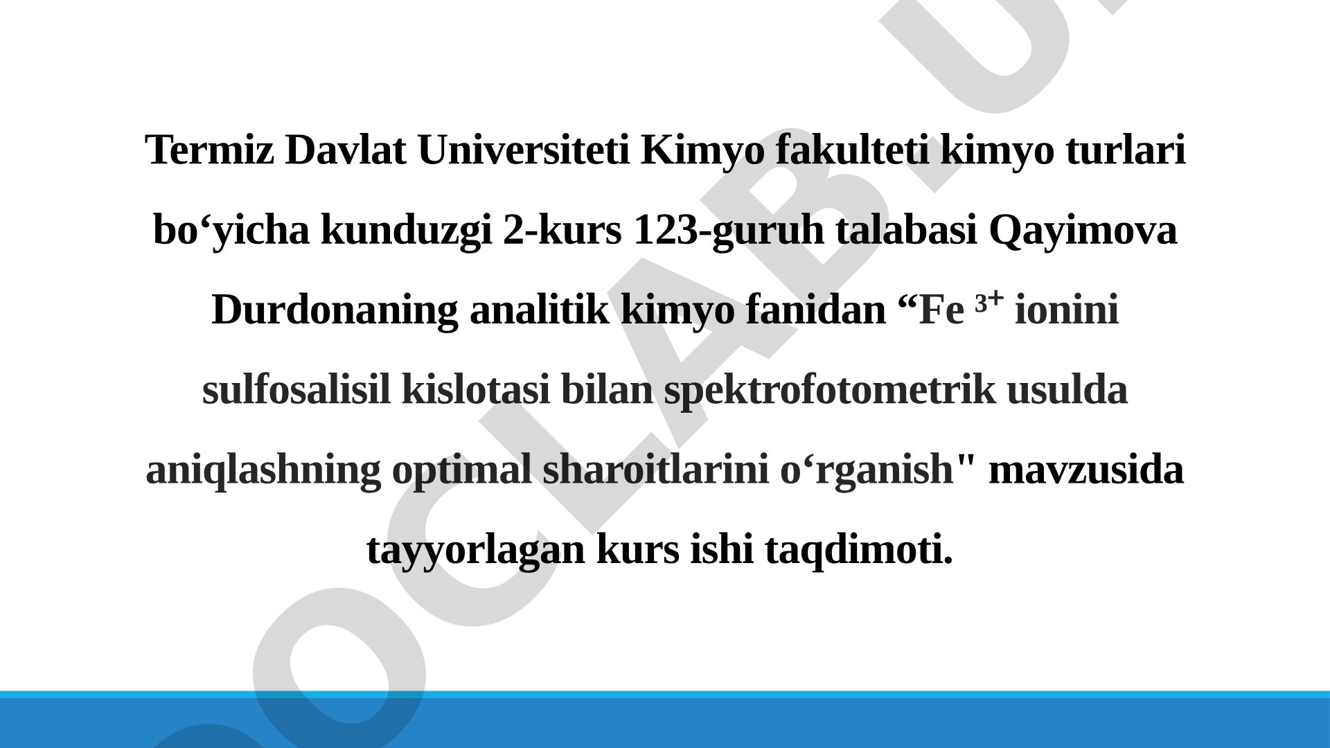 Fe ³⁺ ionini sulfosalisil kislotasi bilan spektrofotometrik usulda aniqlashning optimal sharoitlarini oʻrganish