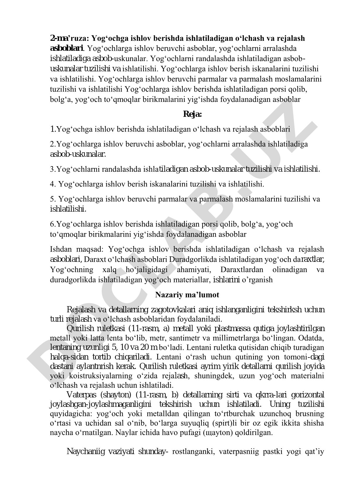 Yog‘ochga ishlov berishda ishlatiladigan o‘lchash va rejalash asboblari