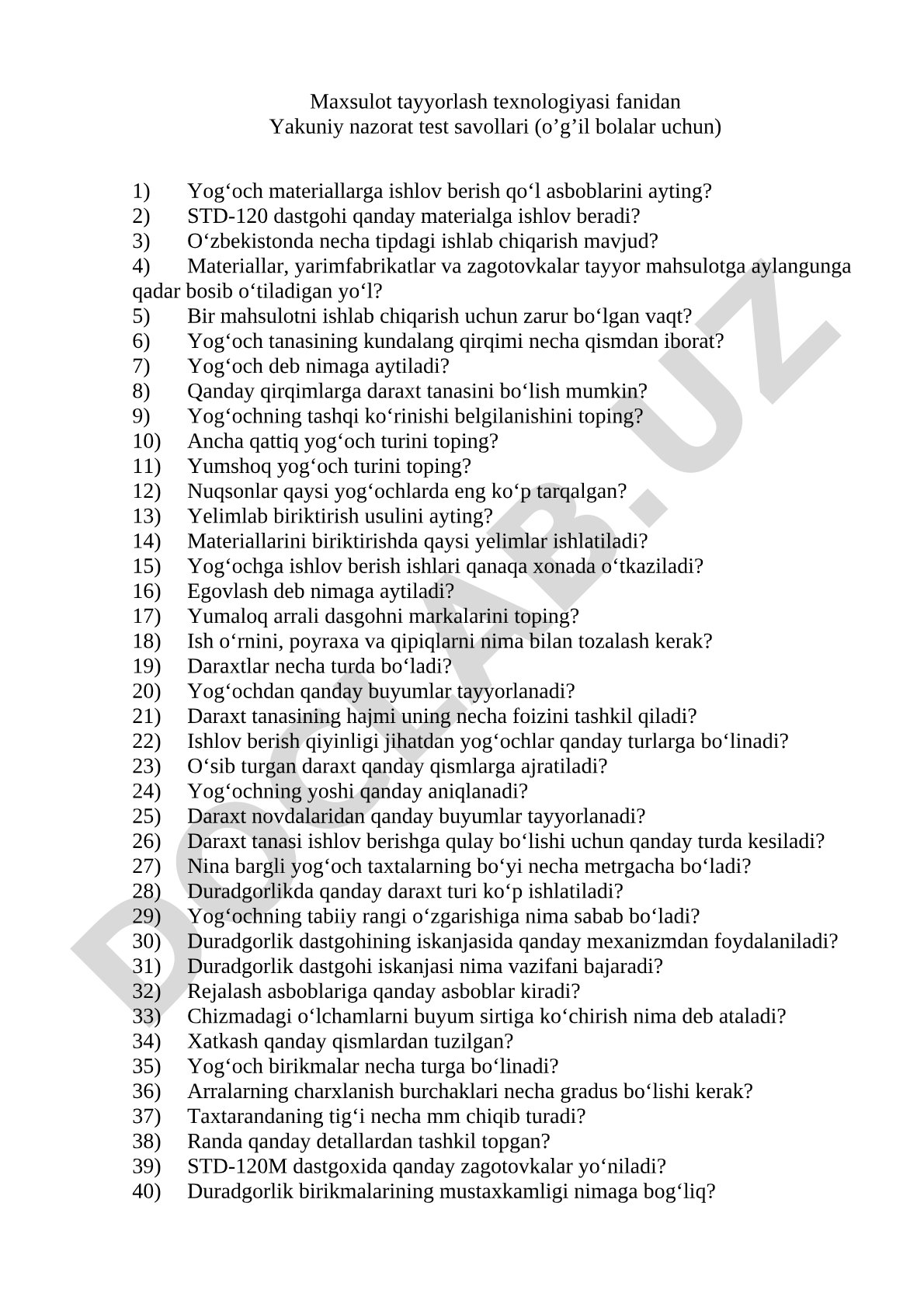 Maxsulot tayyorlash texnologiyasi fanidan yakuniy nazorat test savollari