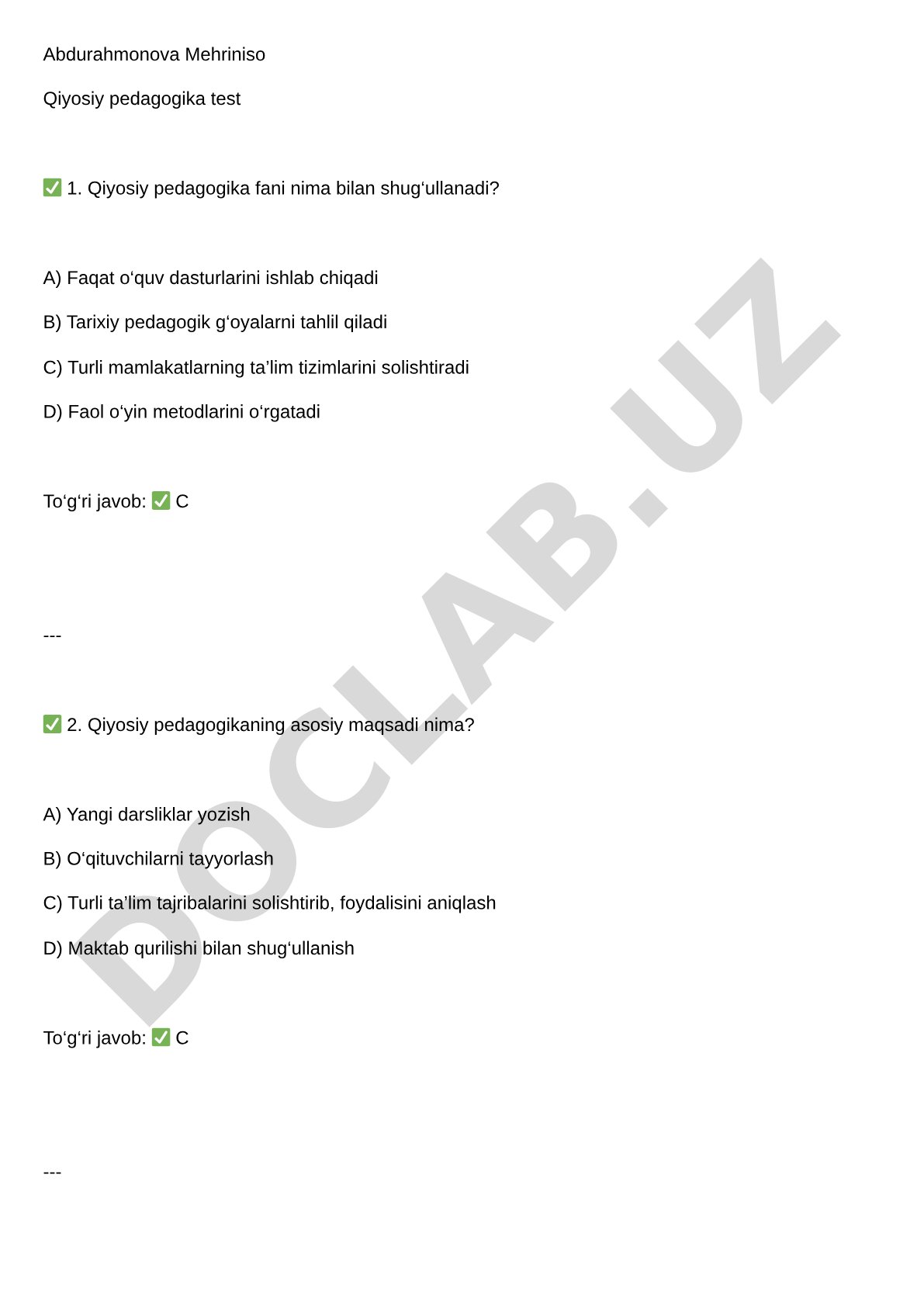Qiyosiy pedagogika fanidan test savollari