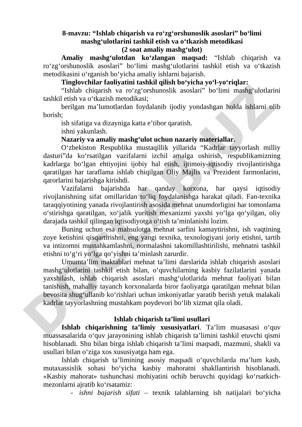 Ishlab chiqarish va ro‘zg‘orshunoslik asoslari bo‘limi mashg‘ulotlarini tashkil etish va o‘tkazish metodikasi
