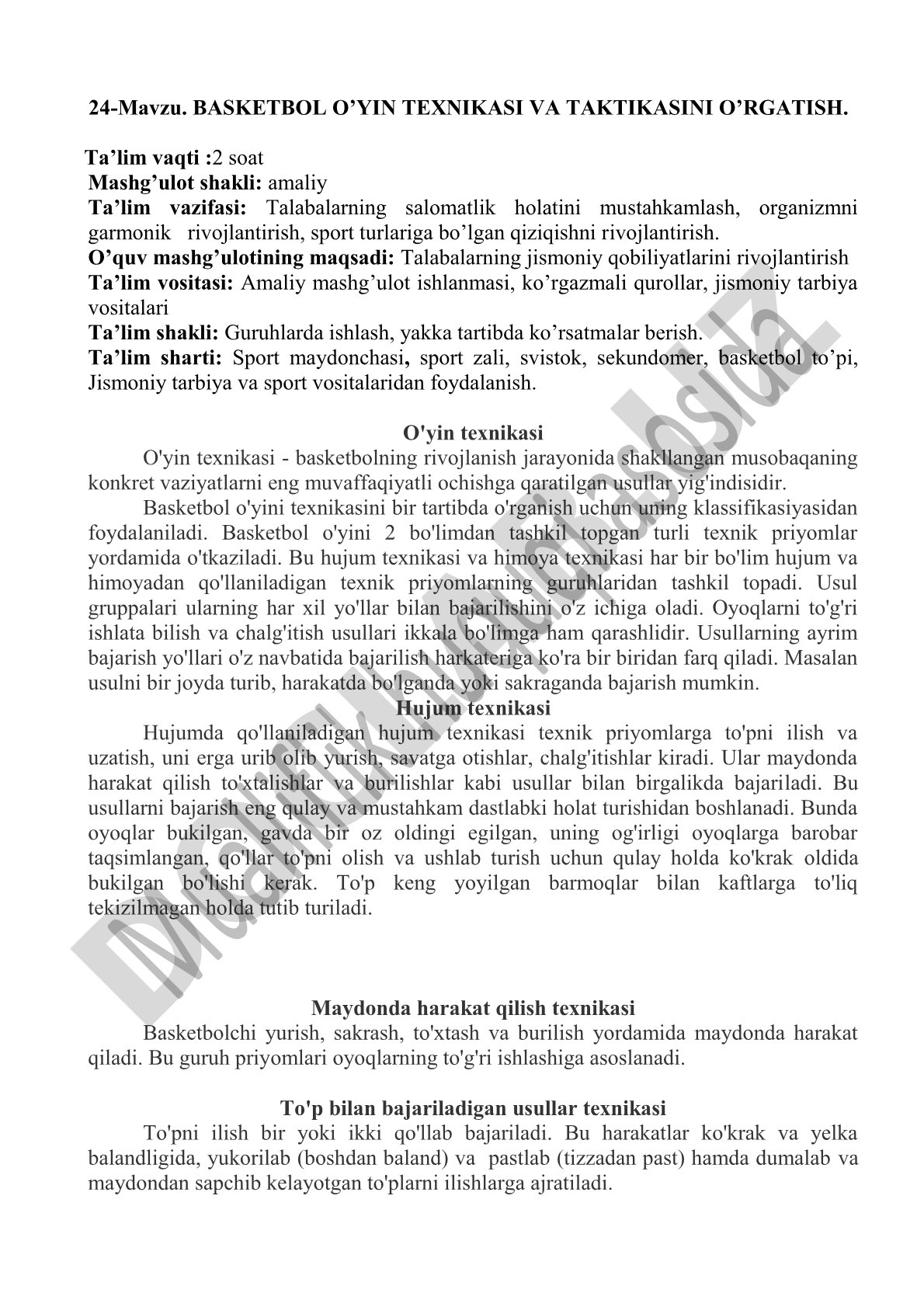 Basketbol o’yin texnikasi va taktikasini o’rgatish