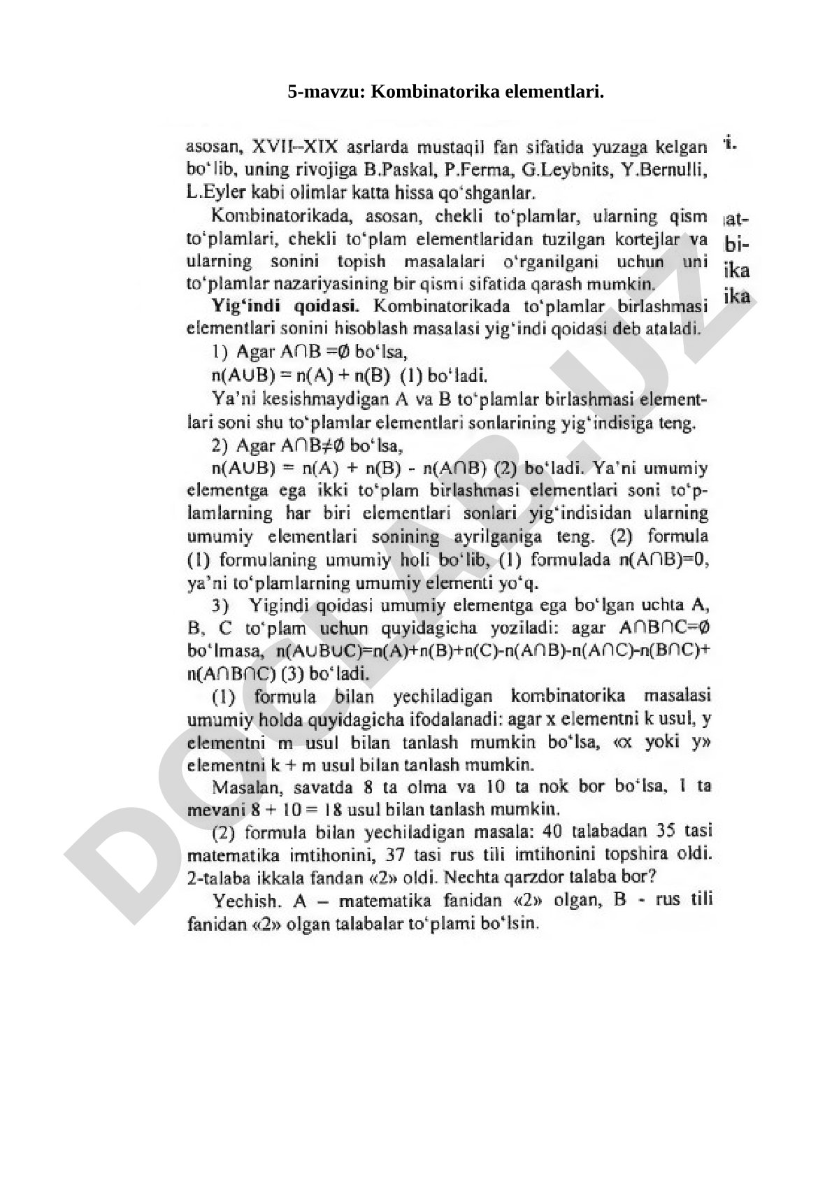 Kombinatorika elementlari mavzusidagi o'quv materiali