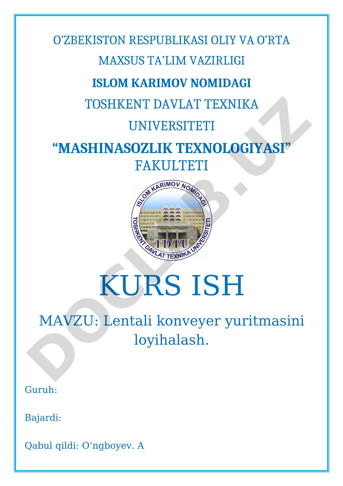 Lentali konveyer yuritmasini loyihalash