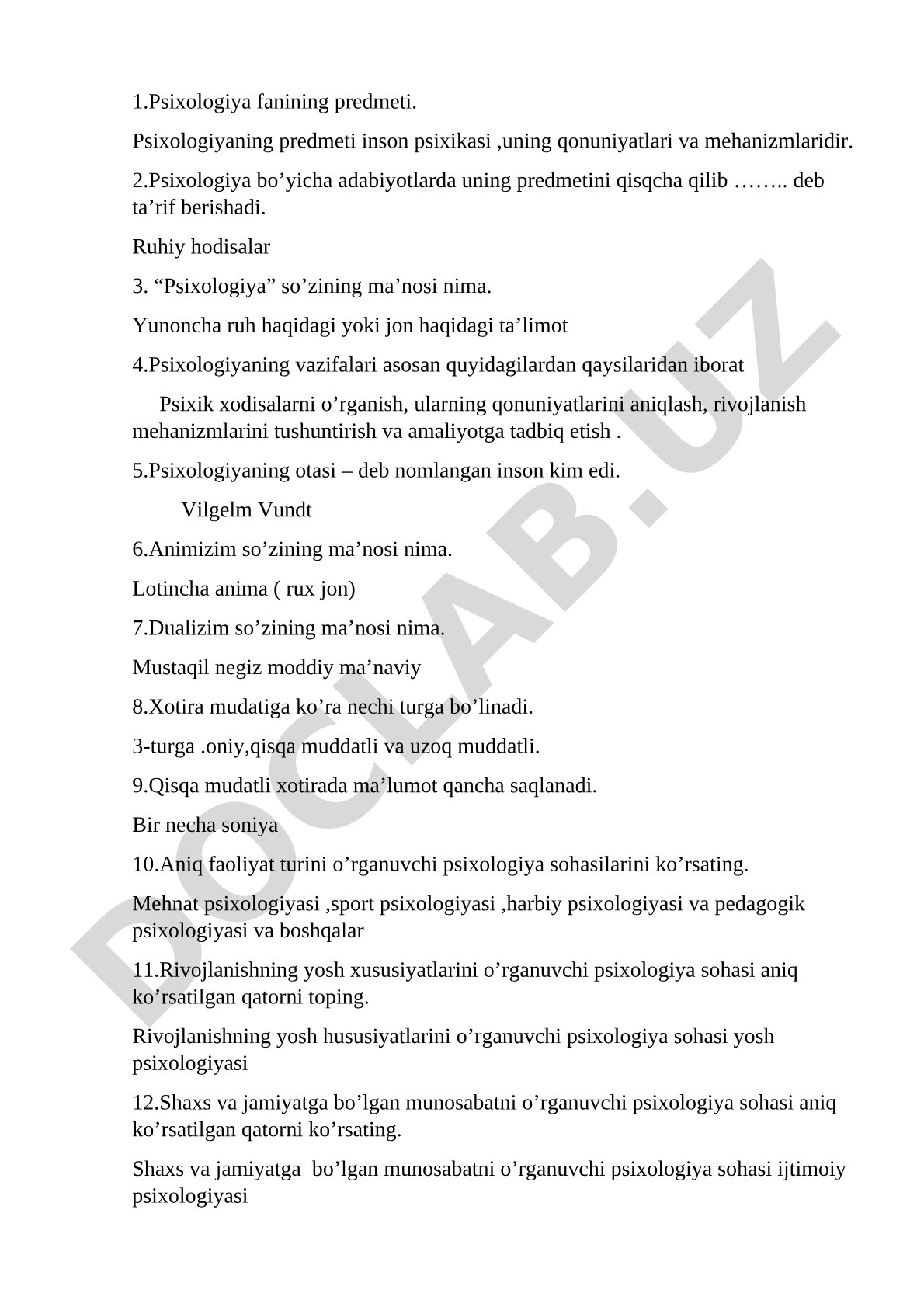 Psixologiya fanidan savol-javoblar