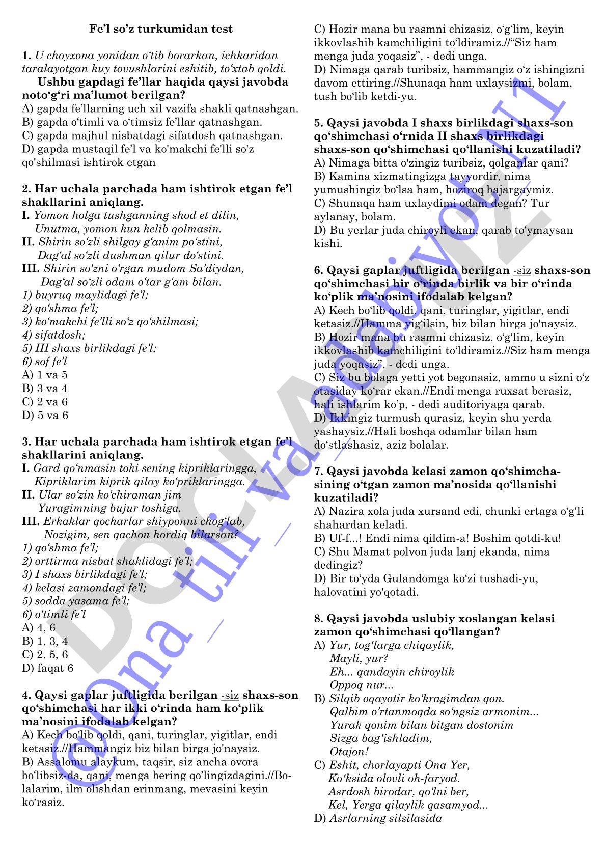 Fe’l so’z turkumidan test 1