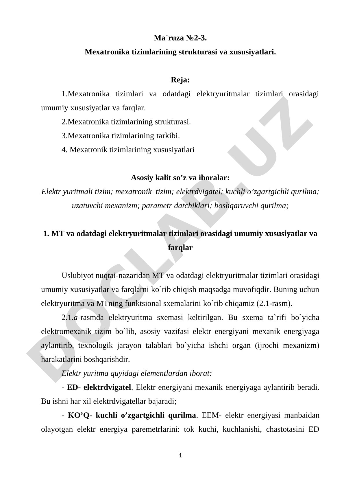 Mexatronika tizimlarining strukturasi va xususiyatlari
